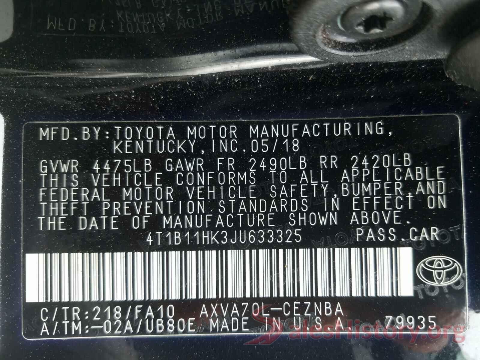 4T1B11HK3JU633325 2018 TOYOTA CAMRY