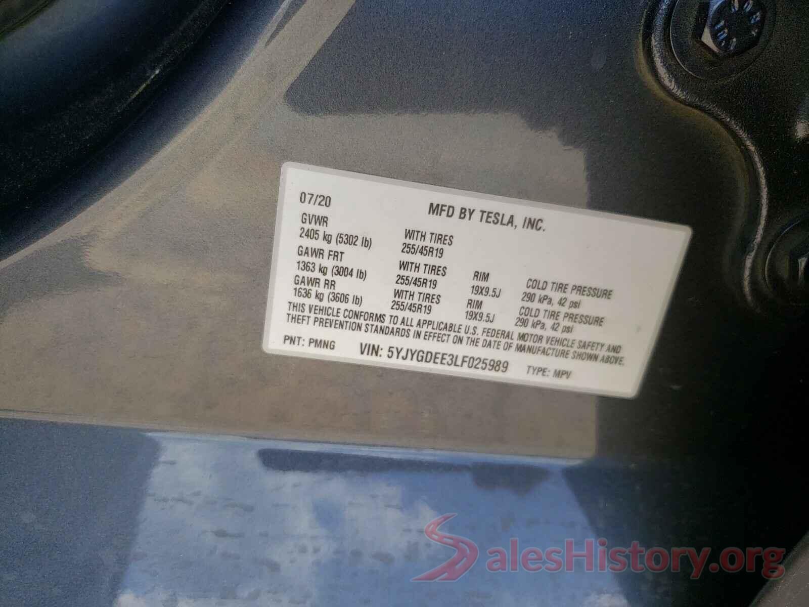 5YJYGDEE3LF025989 2020 TESLA MODEL Y