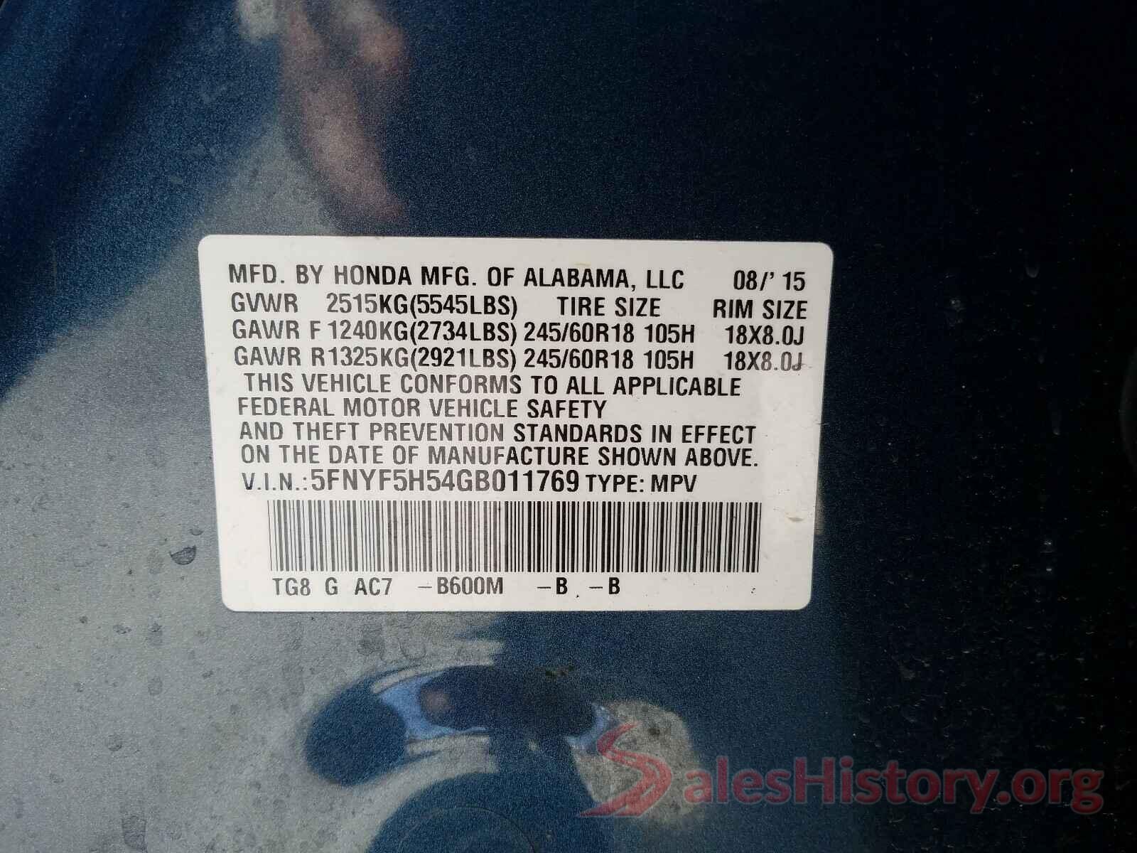 5FNYF5H54GB011769 2016 HONDA PILOT