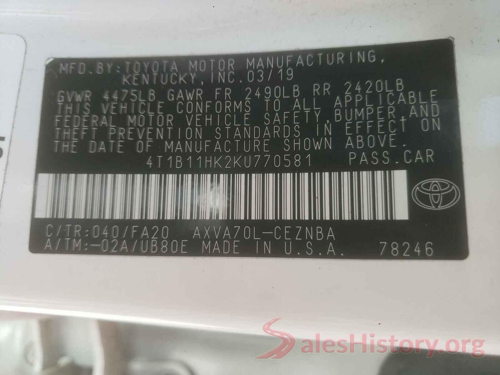 4T1B11HK2KU770581 2019 TOYOTA CAMRY