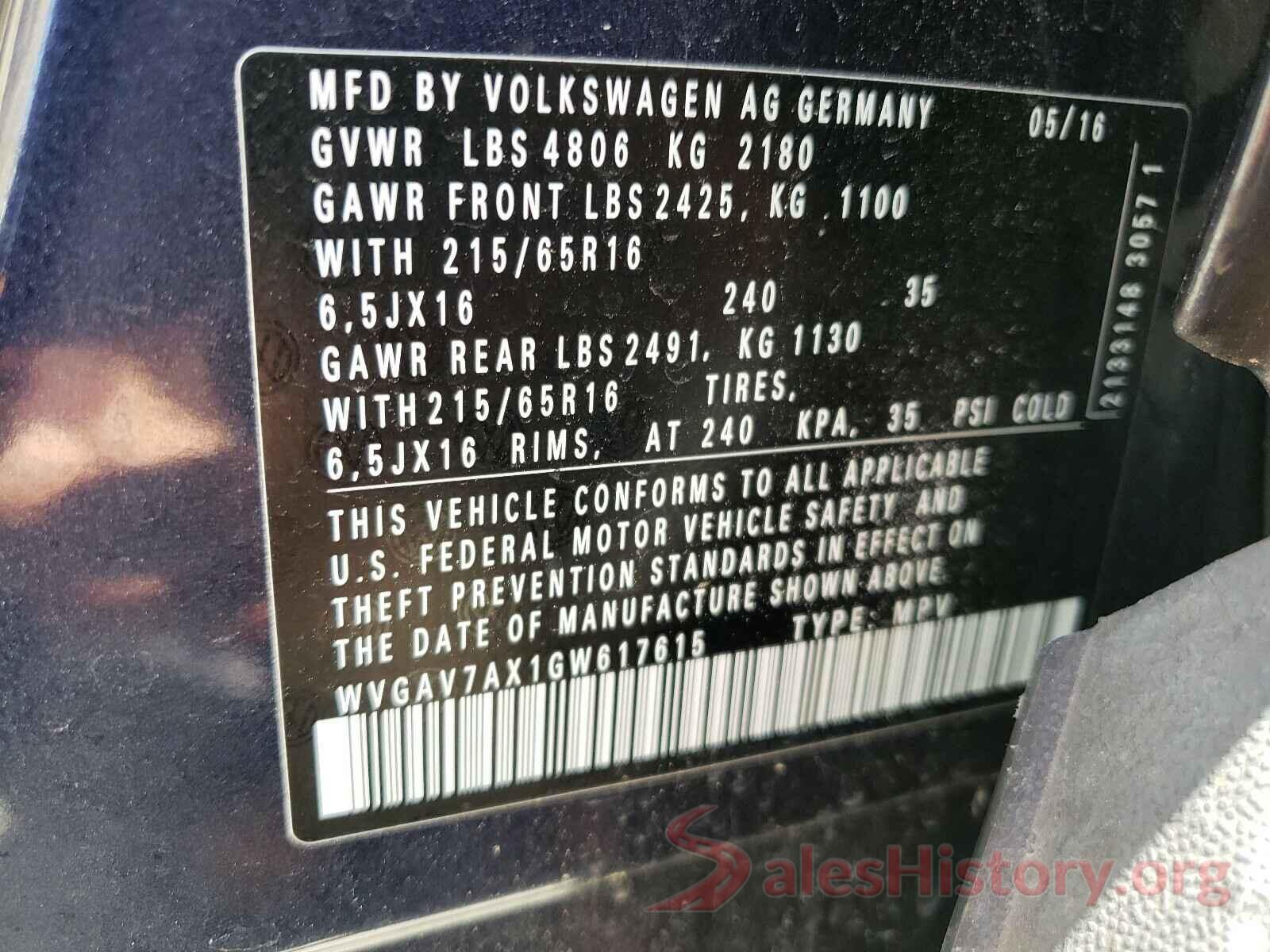 WVGAV7AX1GW617615 2016 VOLKSWAGEN TIGUAN