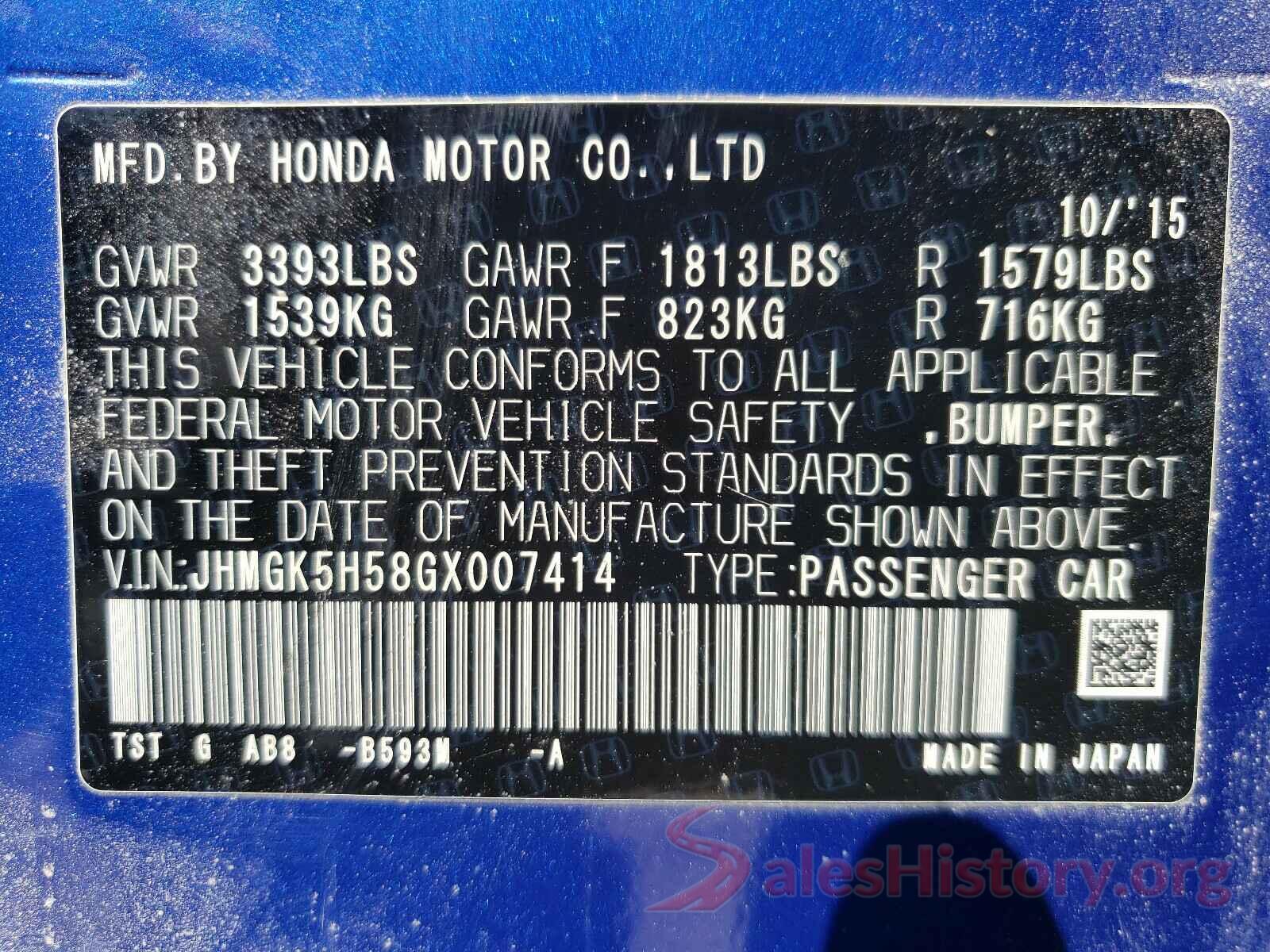 JHMGK5H58GX007414 2016 HONDA FIT