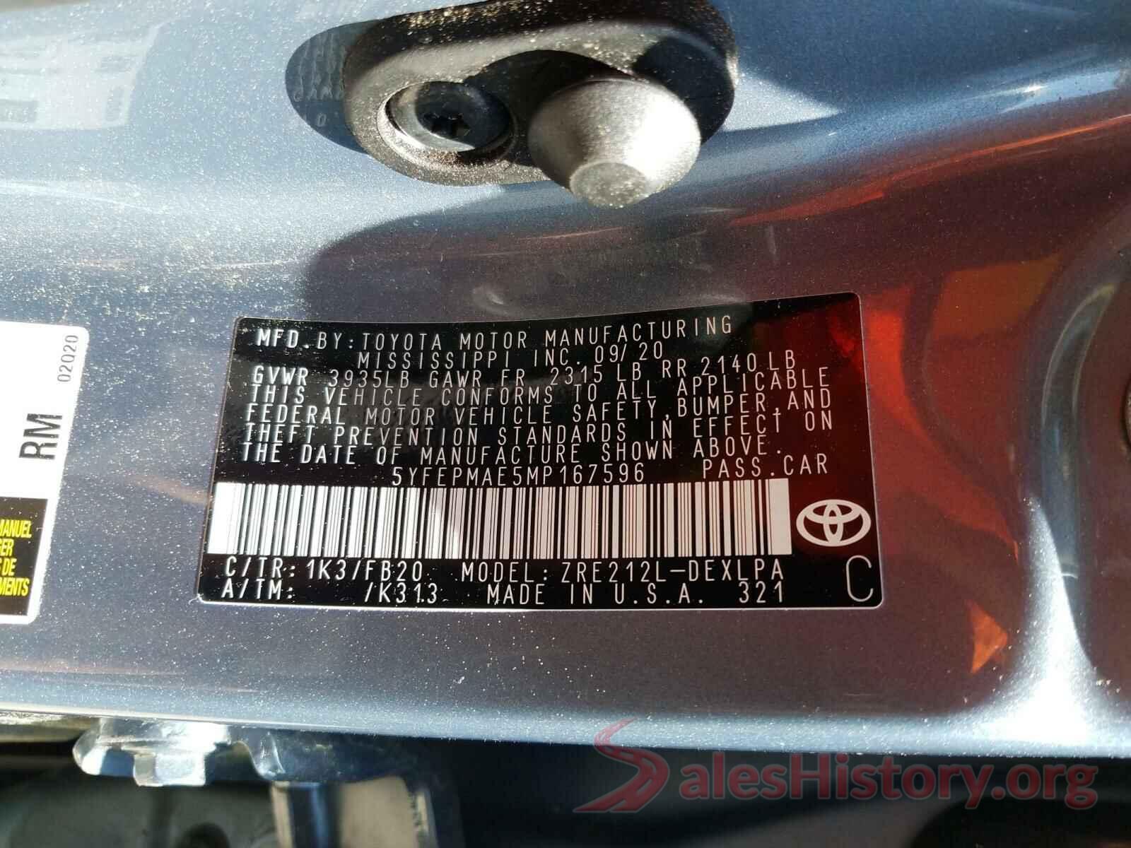 5YFEPMAE5MP167596 2021 TOYOTA COROLLA