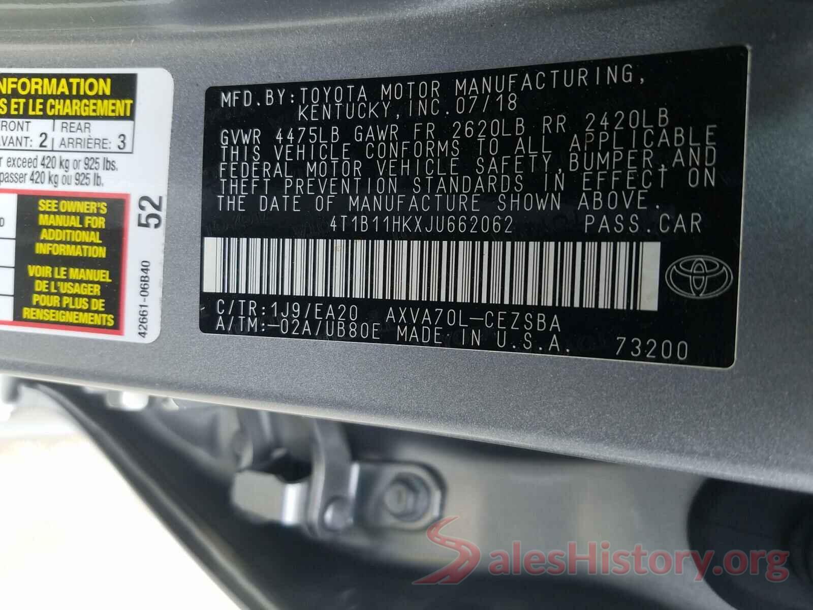 4T1B11HKXJU662062 2018 TOYOTA CAMRY