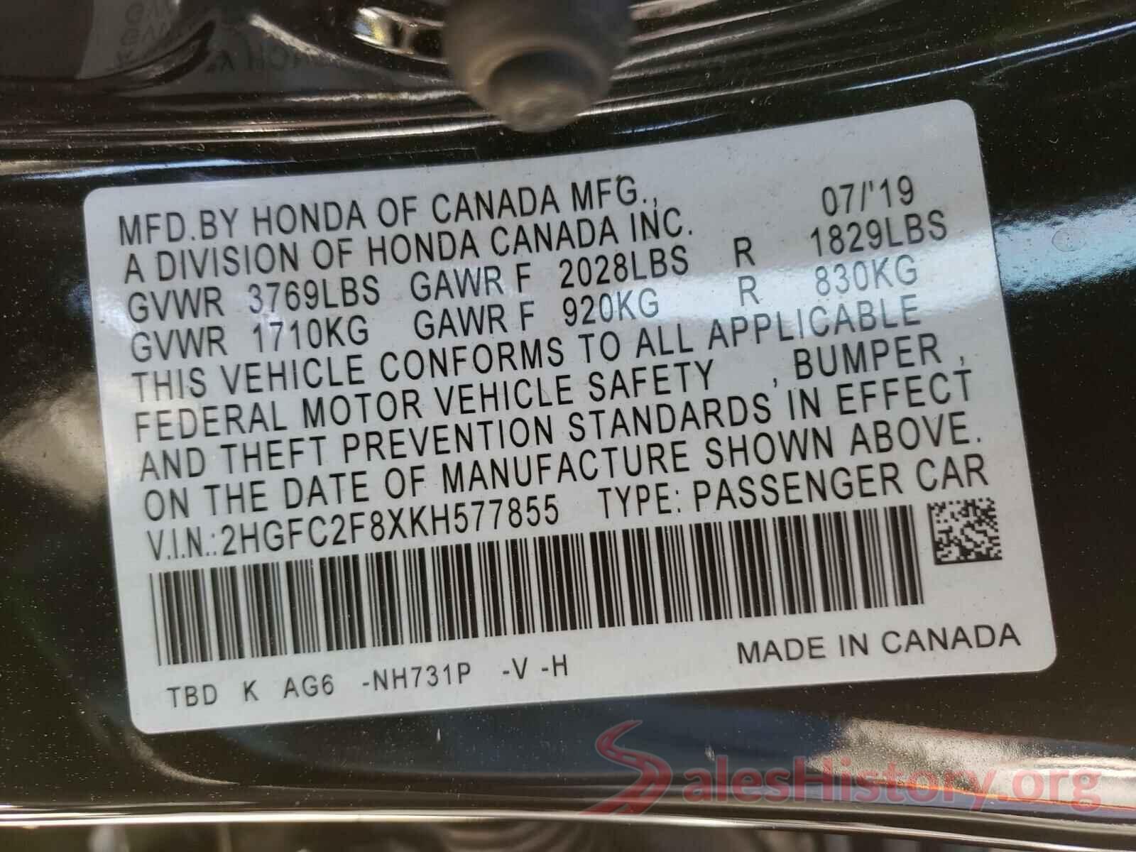 2HGFC2F8XKH577855 2019 HONDA CIVIC