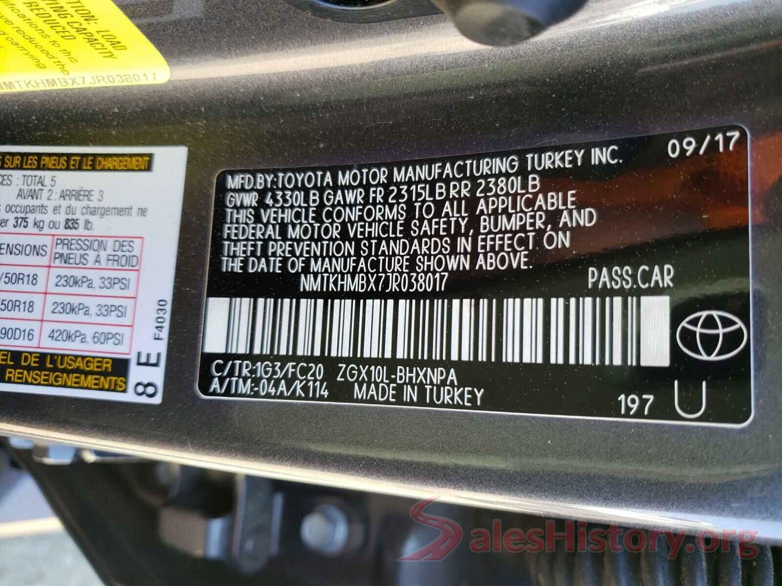 NMTKHMBX7JR038017 2018 TOYOTA C-HR