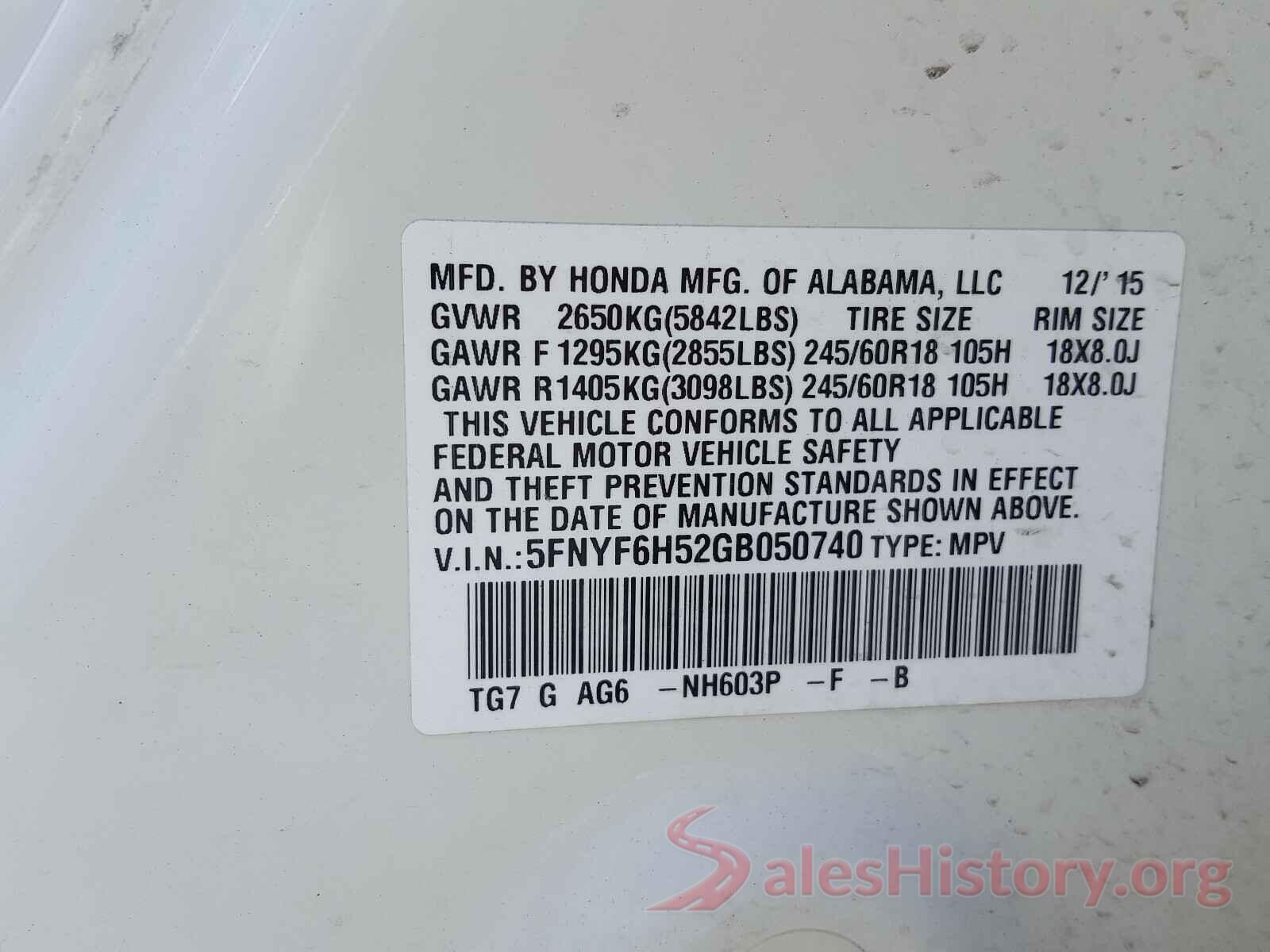 5FNYF6H52GB050740 2016 HONDA PILOT