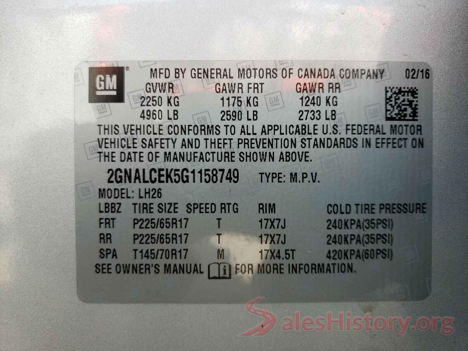 2GNALCEK5G1158749 2016 CHEVROLET EQUINOX