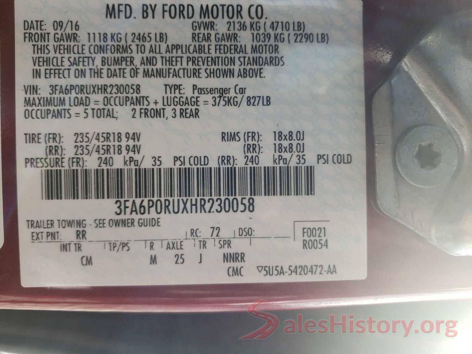 3FA6P0RUXHR230058 2017 FORD FUSION