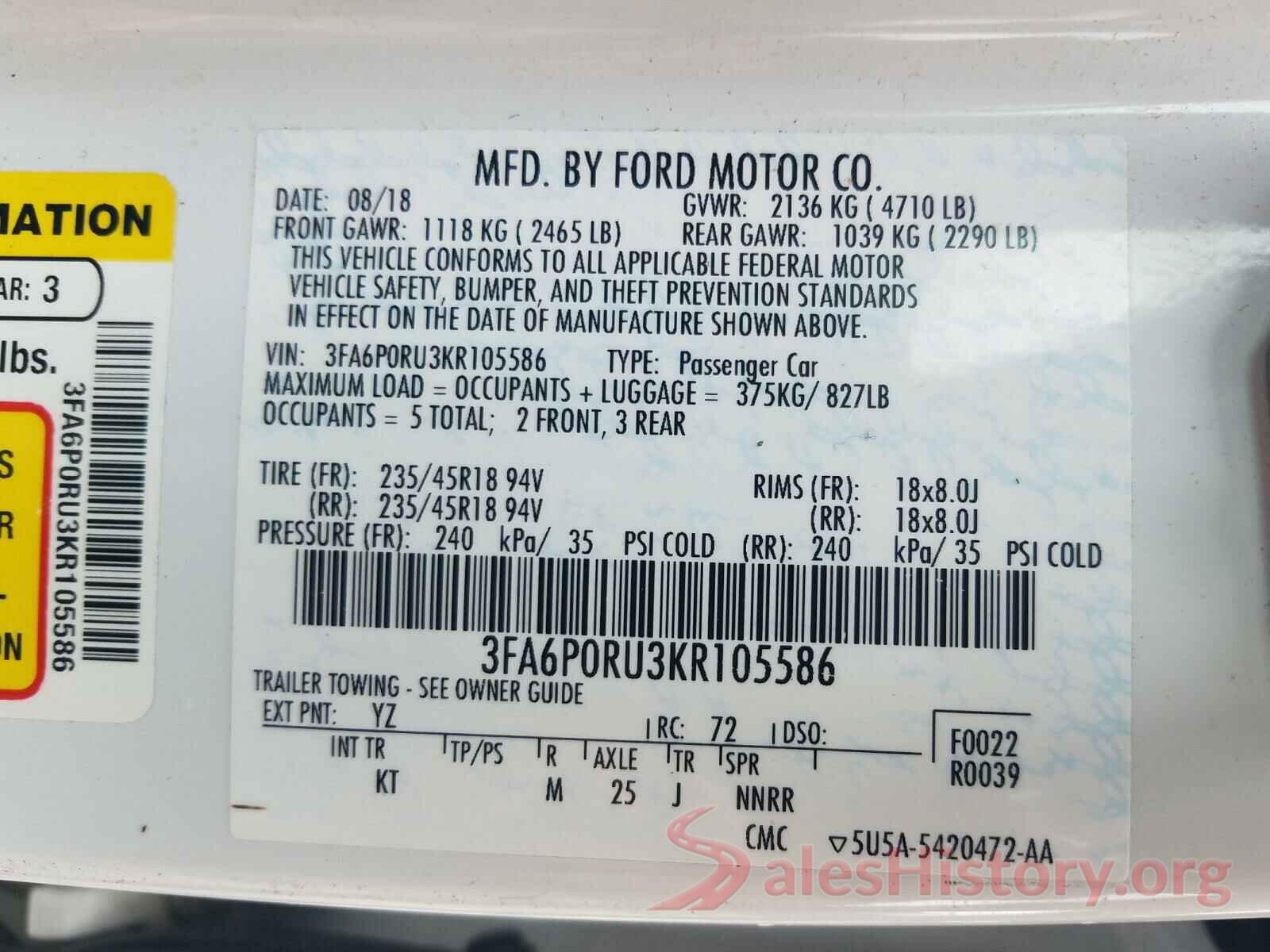 3FA6P0RU3KR105586 2019 FORD FUSION