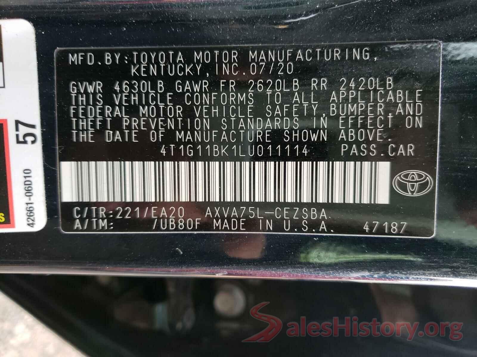 4T1G11BK1LU011114 2020 TOYOTA CAMRY