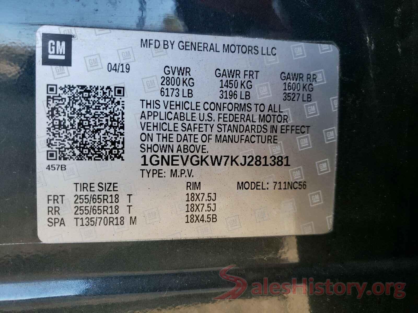 1GNEVGKW7KJ281381 2019 CHEVROLET TRAVERSE