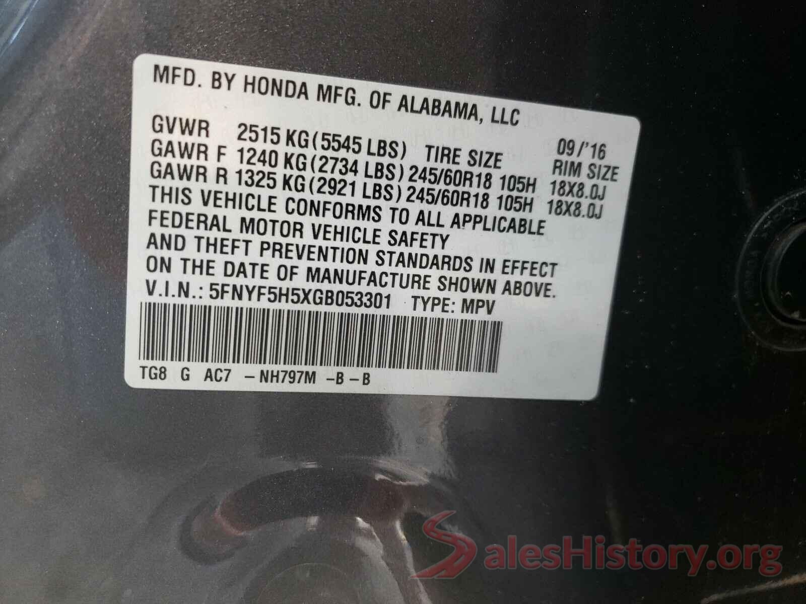 5FNYF5H5XGB053301 2016 HONDA PILOT