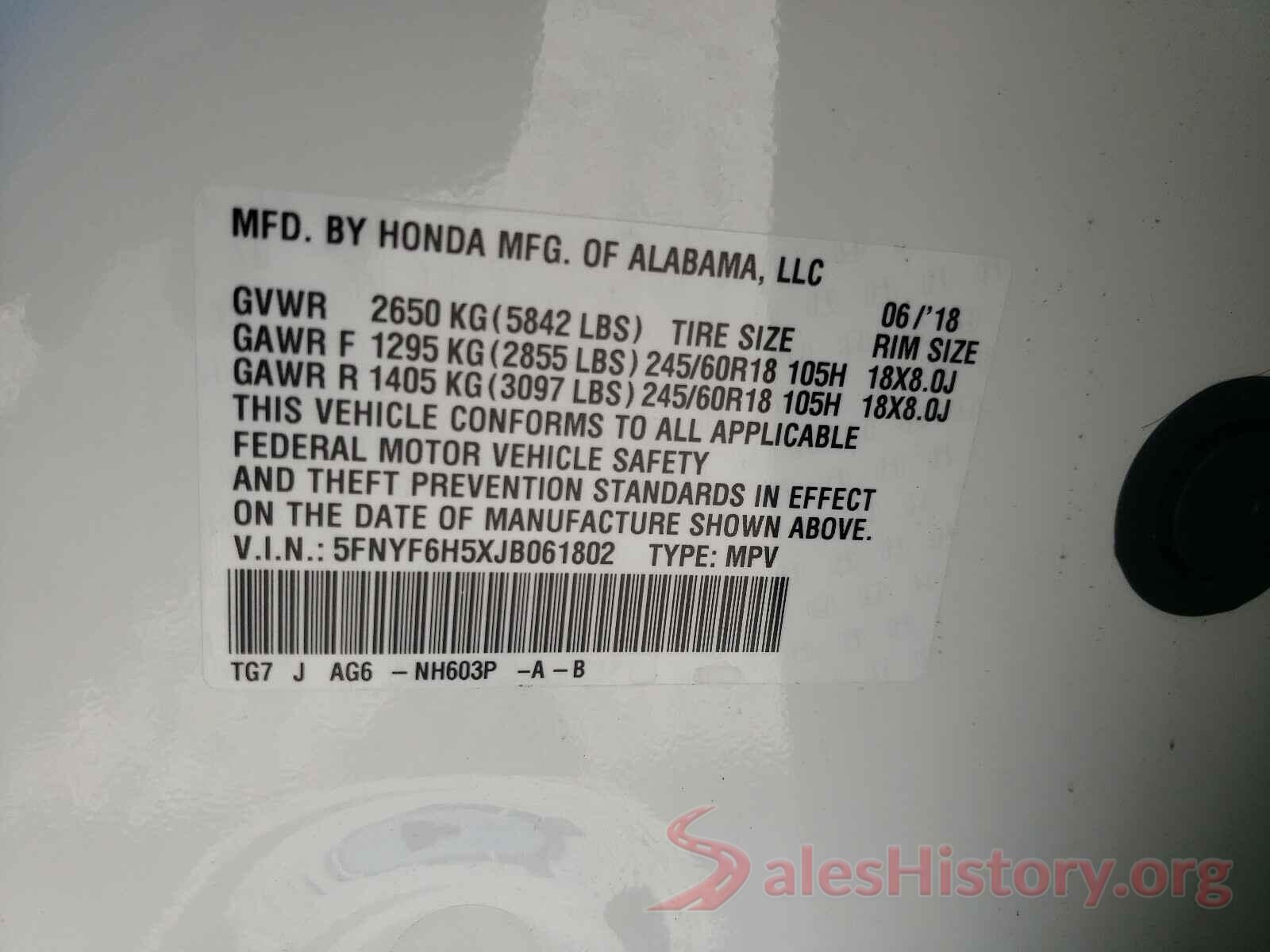 5FNYF6H5XJB061802 2018 HONDA PILOT