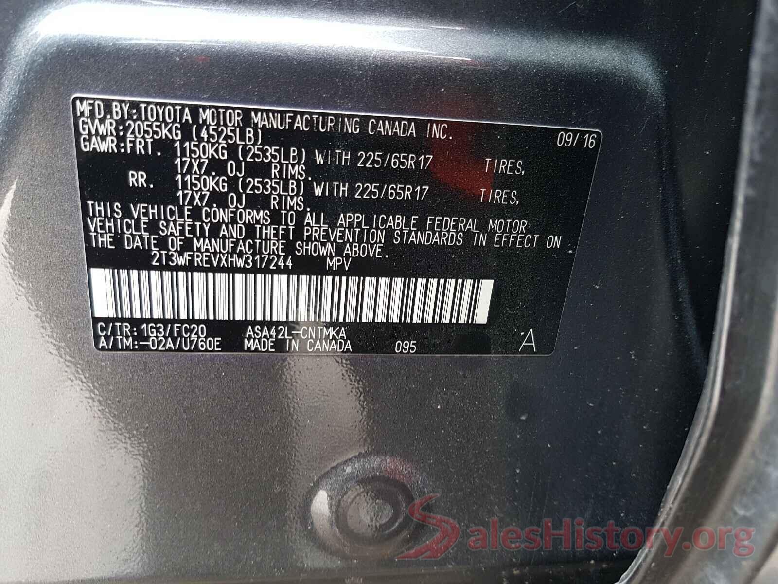 2T3WFREVXHW317244 2017 TOYOTA RAV4