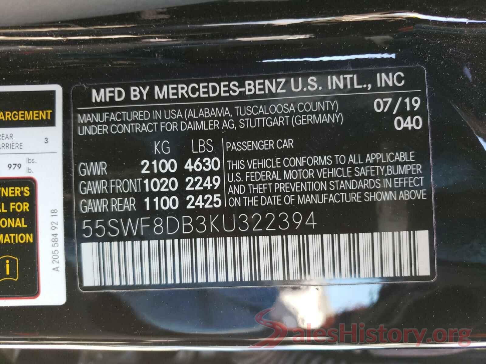 55SWF8DB3KU322394 2019 MERCEDES-BENZ C CLASS