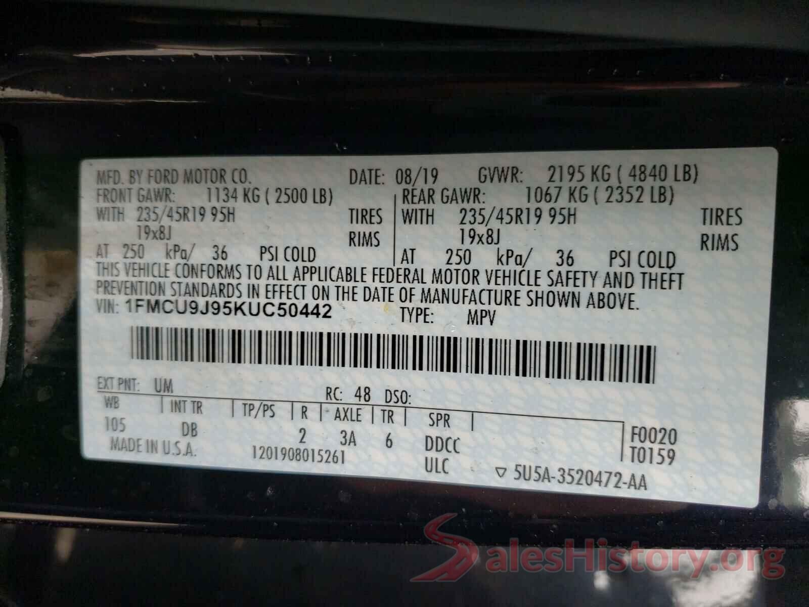 1FMCU9J95KUC50442 2019 FORD ESCAPE