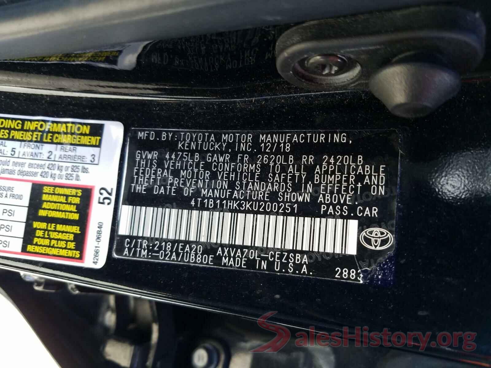 4T1B11HK3KU200251 2019 TOYOTA CAMRY