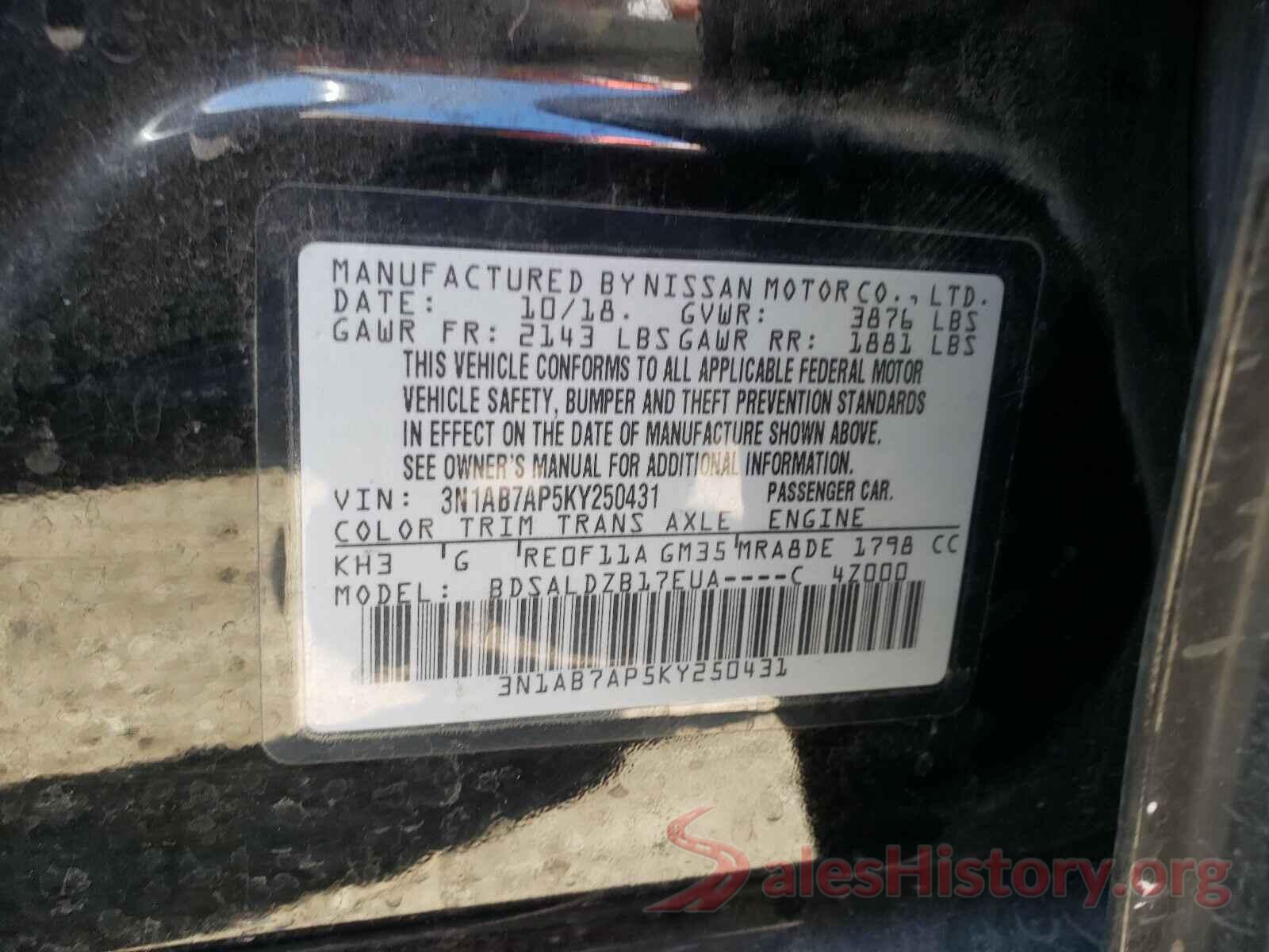 3N1AB7AP5KY250431 2019 NISSAN SENTRA