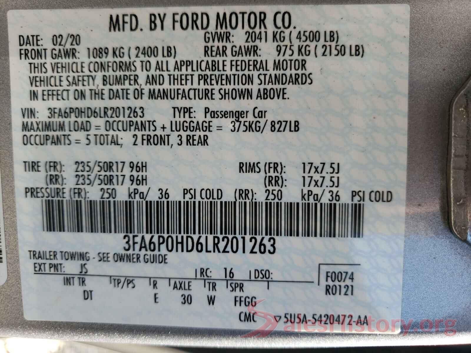 3FA6P0HD6LR201263 2020 FORD FUSION