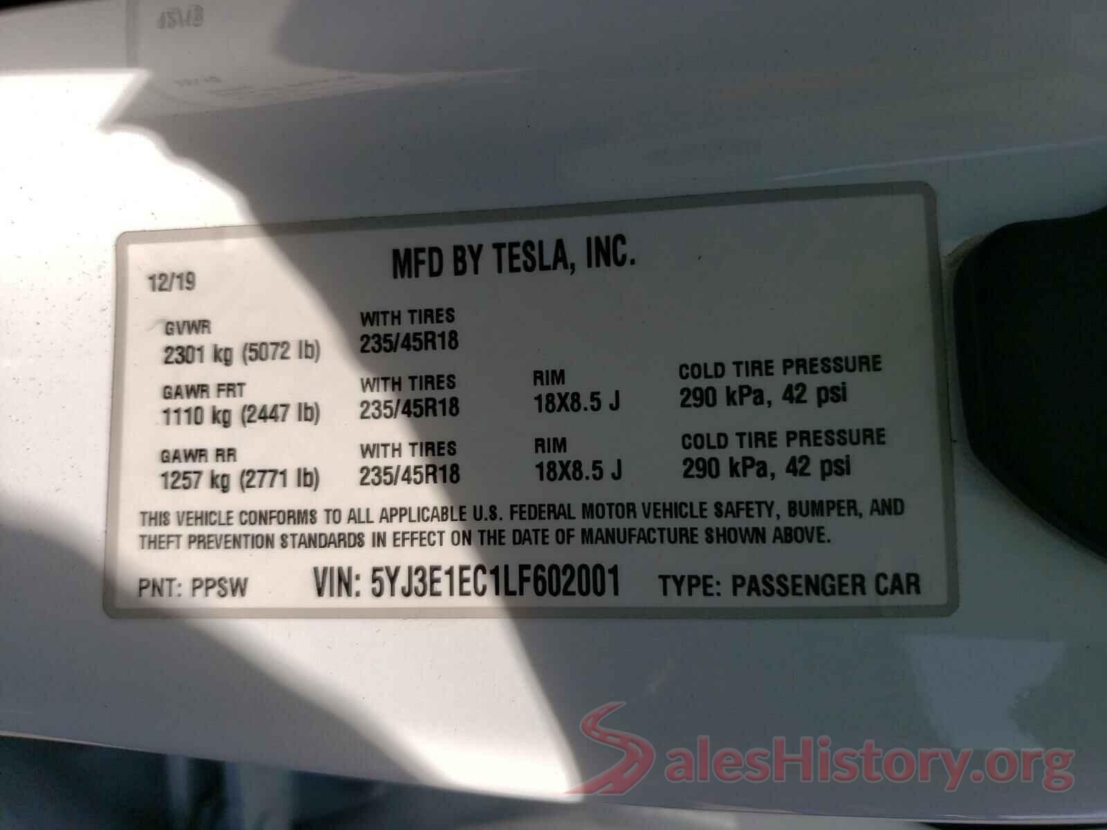 5YJ3E1EC1LF602001 2020 TESLA MODEL 3