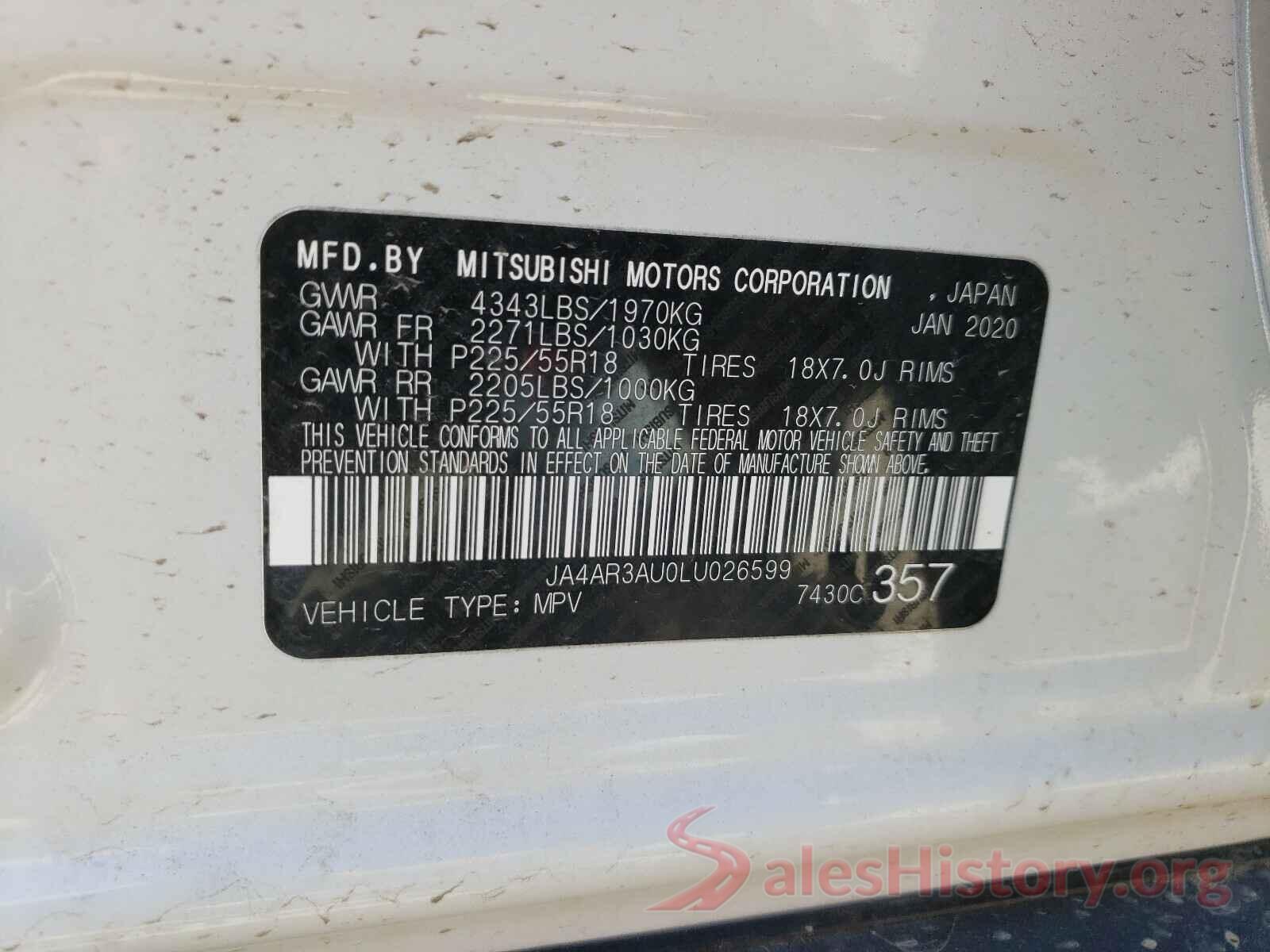 JA4AR3AU0LU026599 2020 MITSUBISHI OUTLANDER