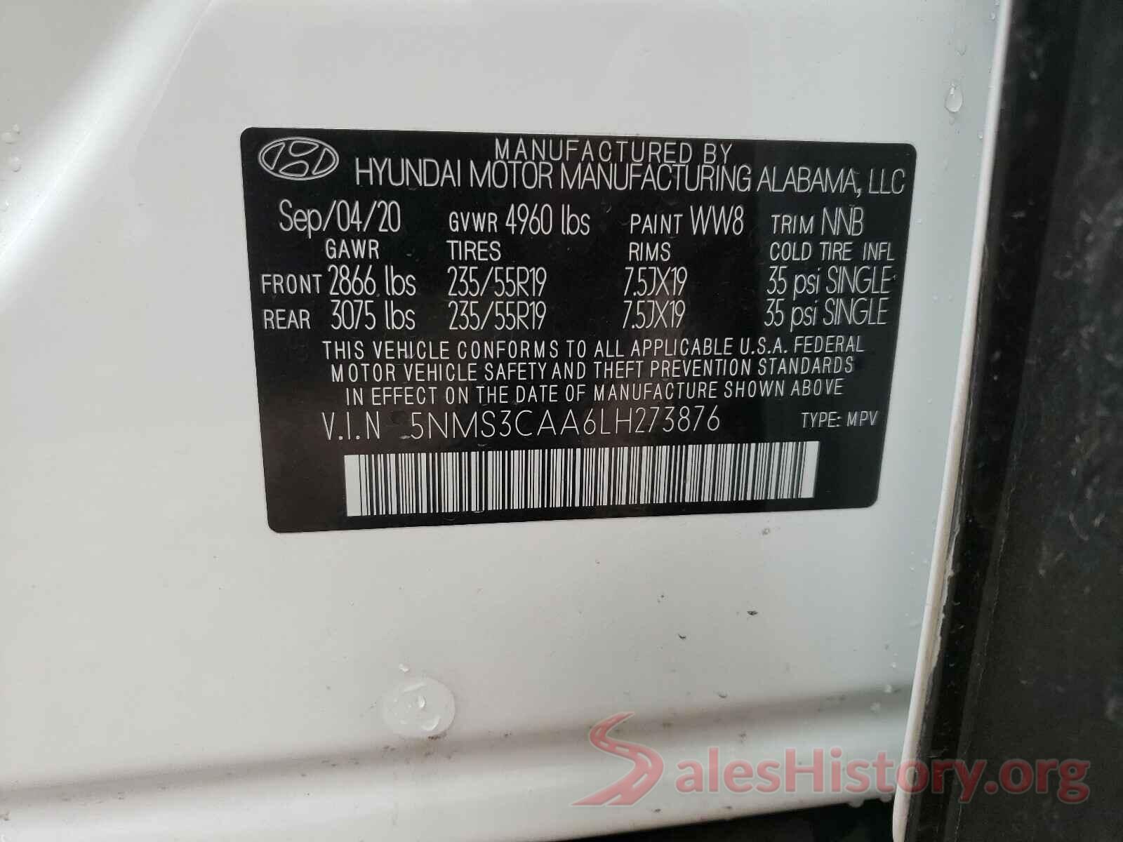 5NMS3CAA6LH273876 2020 HYUNDAI SANTA FE