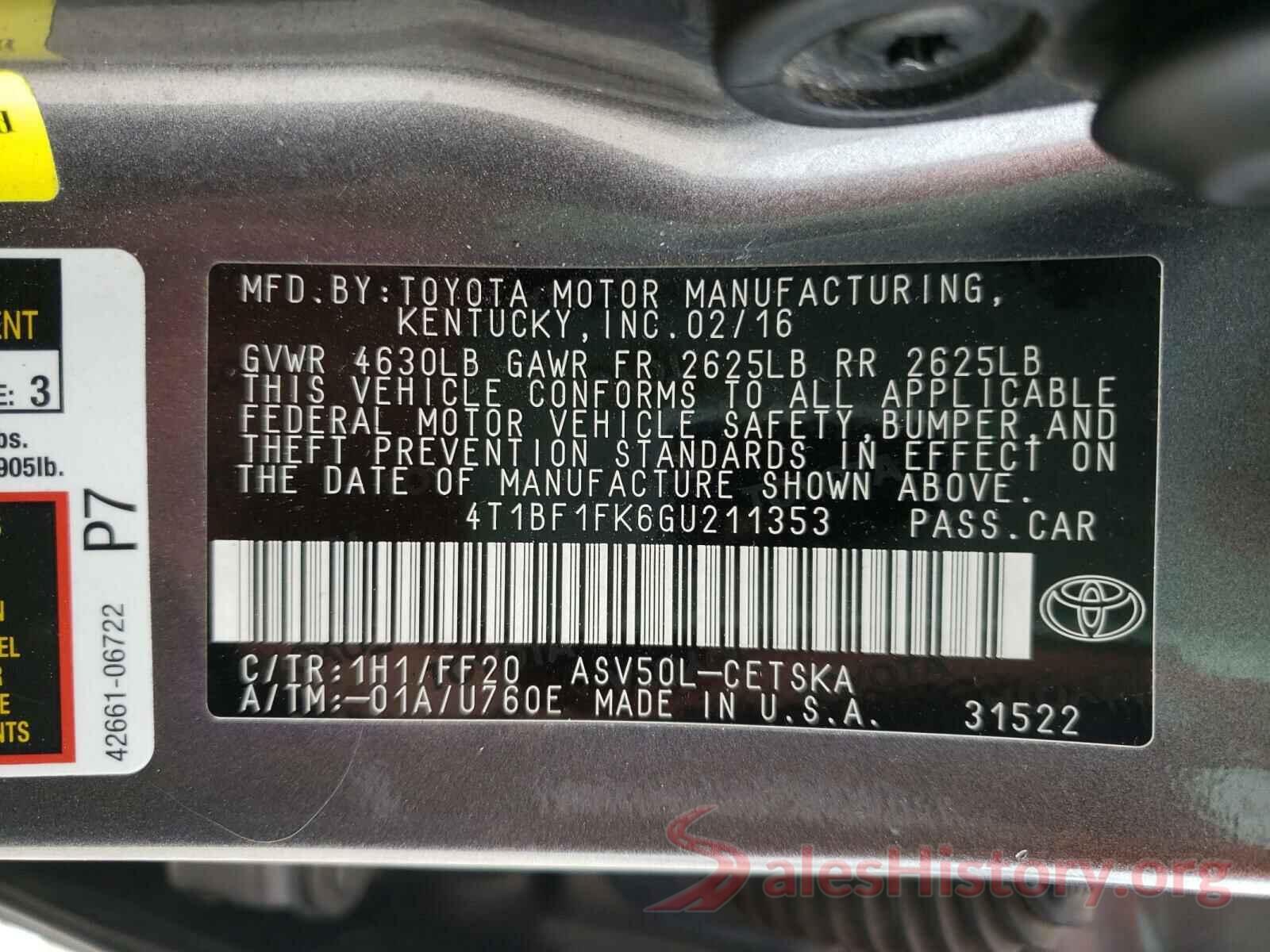 4T1BF1FK6GU211353 2016 TOYOTA CAMRY