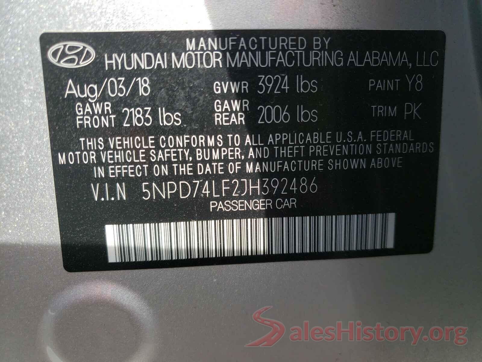 5NPD74LF2JH392486 2018 HYUNDAI ELANTRA