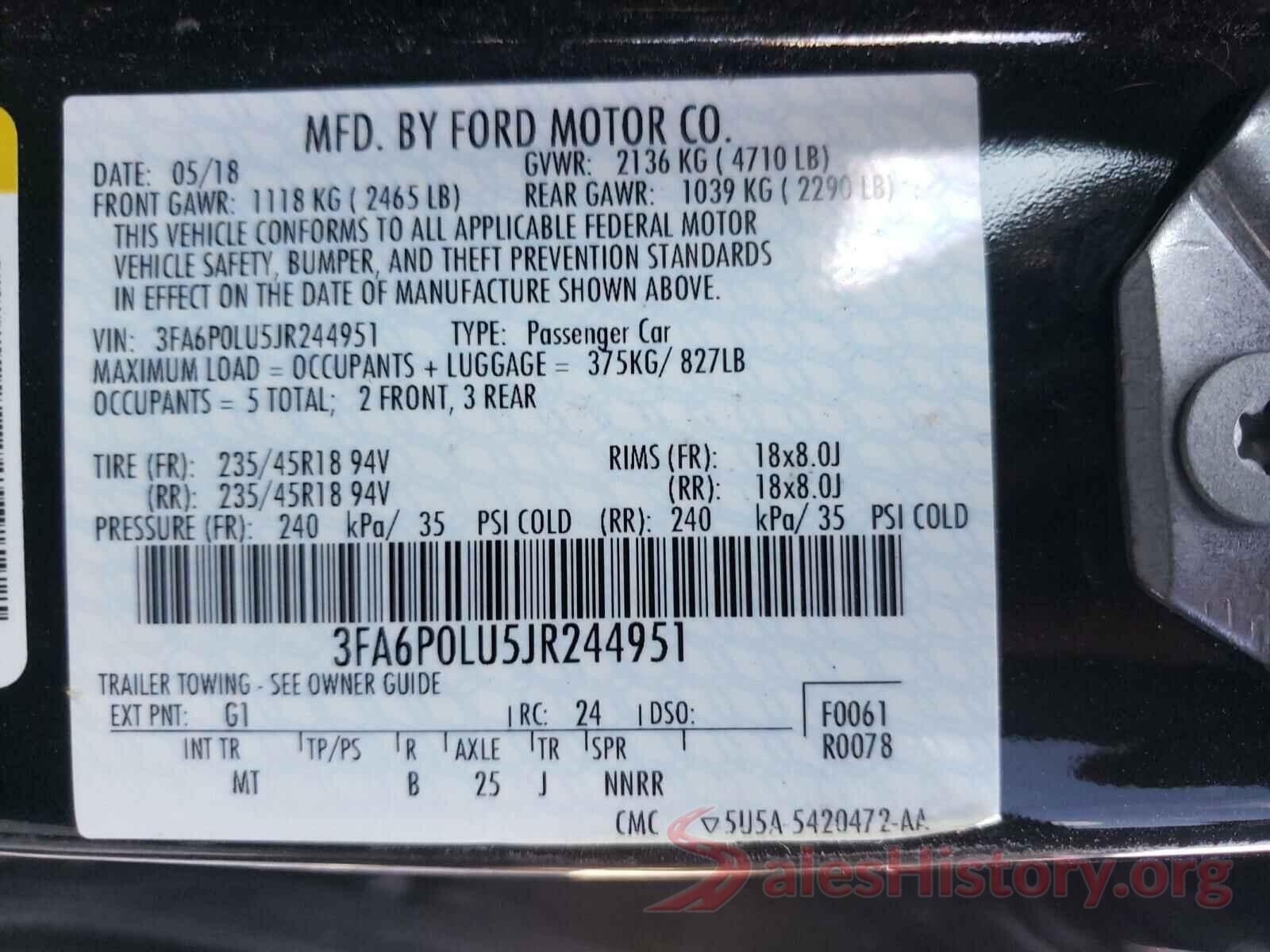 3FA6P0LU5JR244951 2018 FORD FUSION