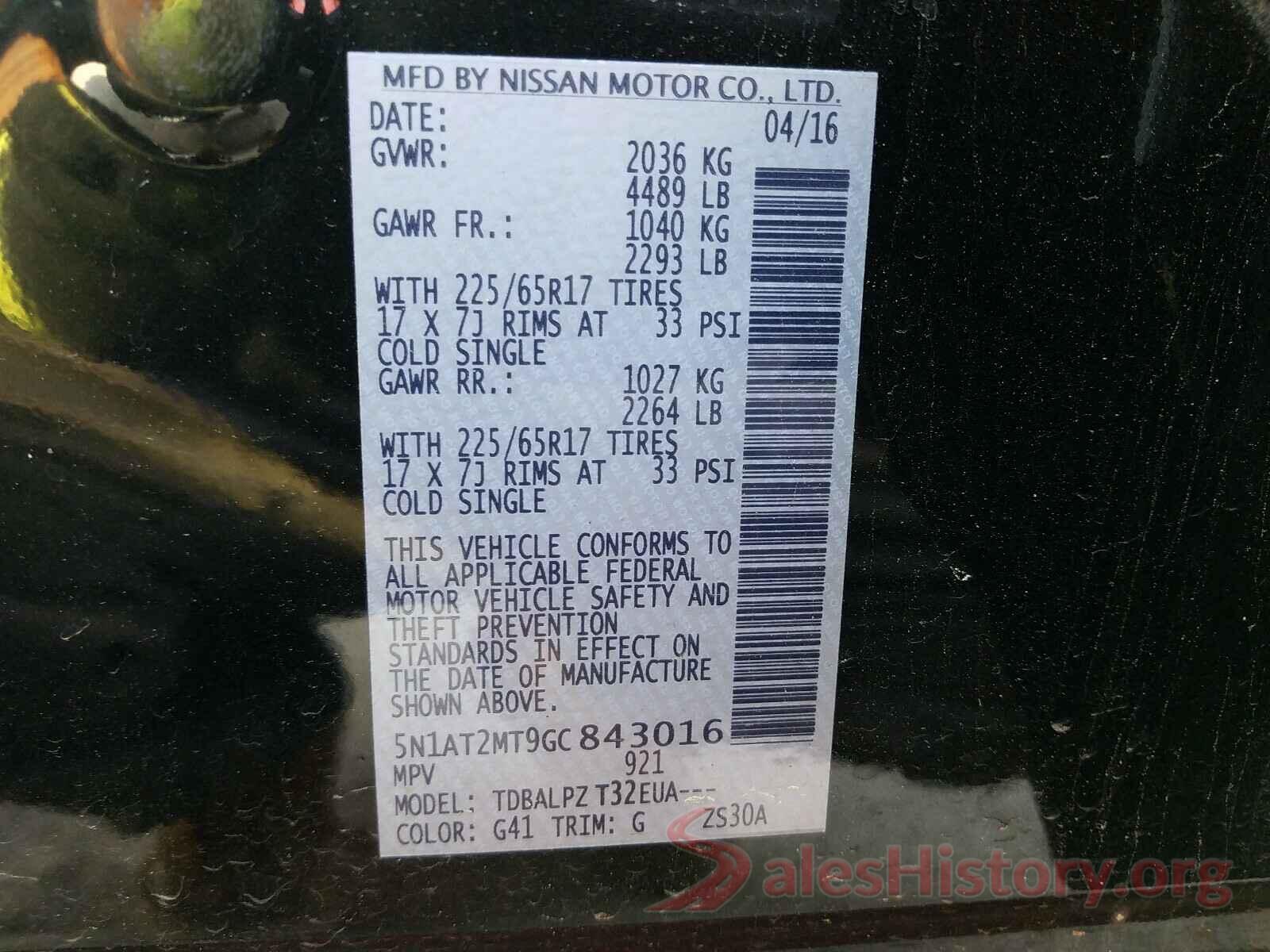 5N1AT2MT9GC843016 2016 NISSAN ROGUE