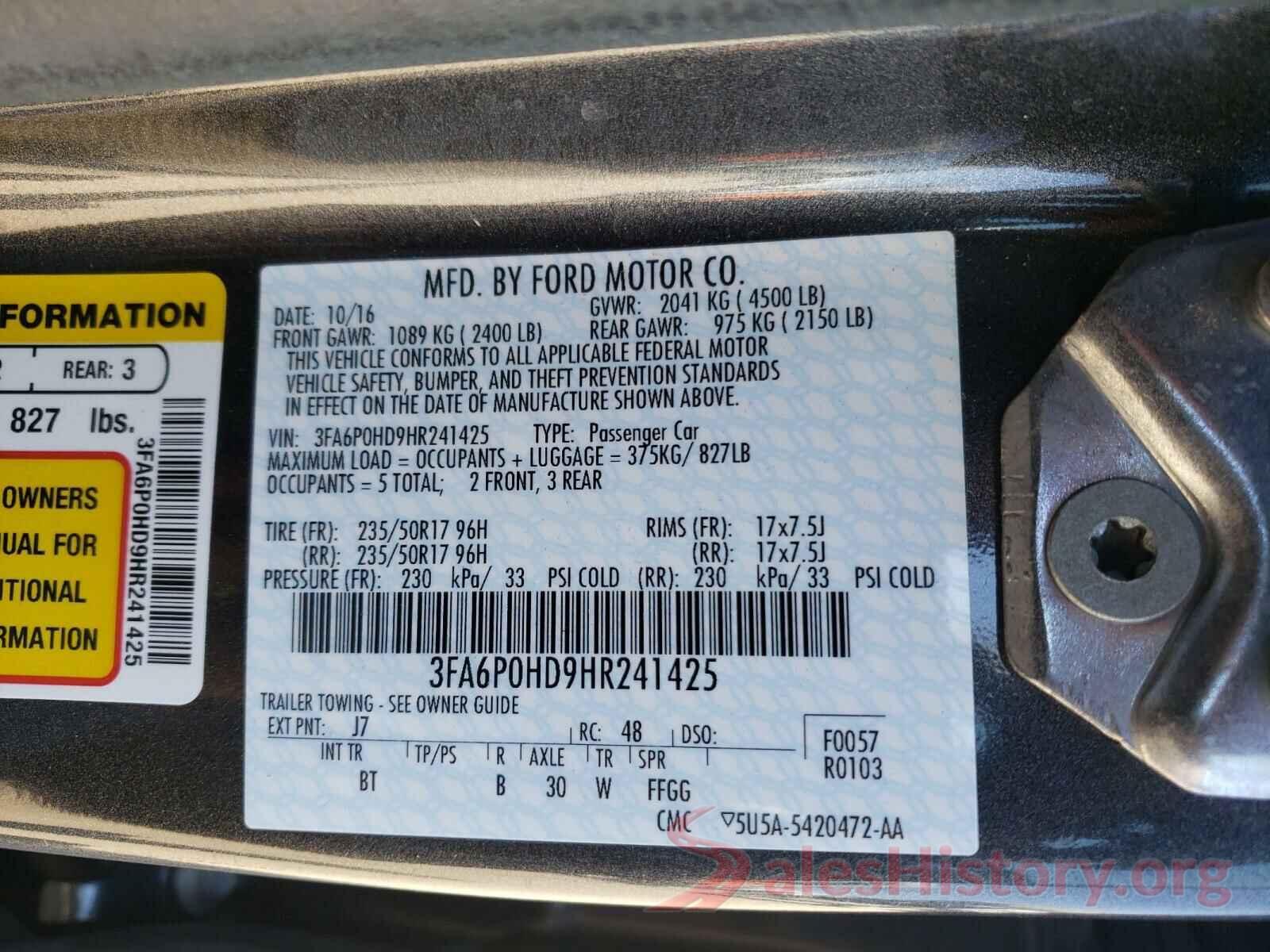 3FA6P0HD9HR241425 2017 FORD FUSION