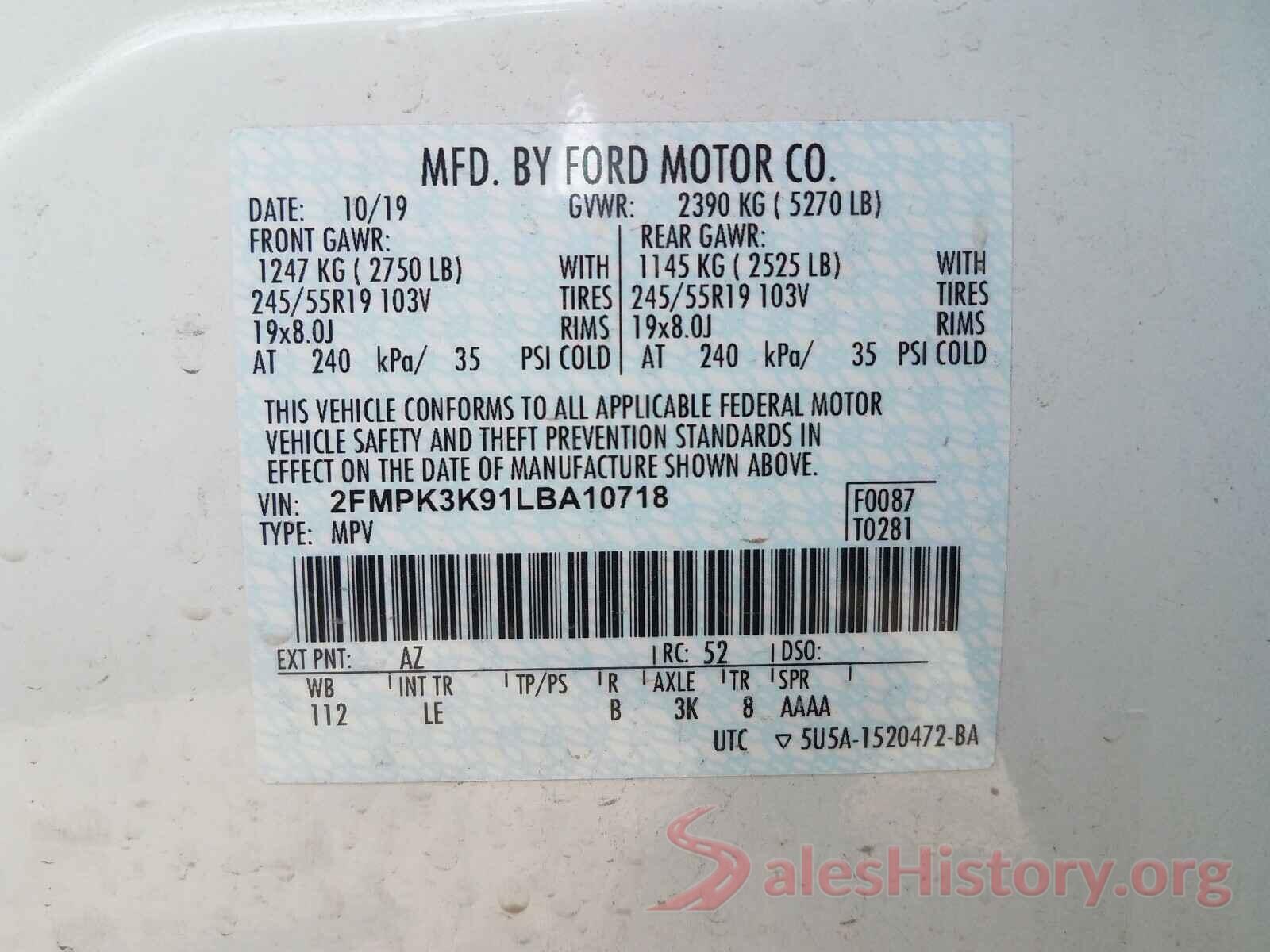 2FMPK3K91LBA10718 2020 FORD EDGE