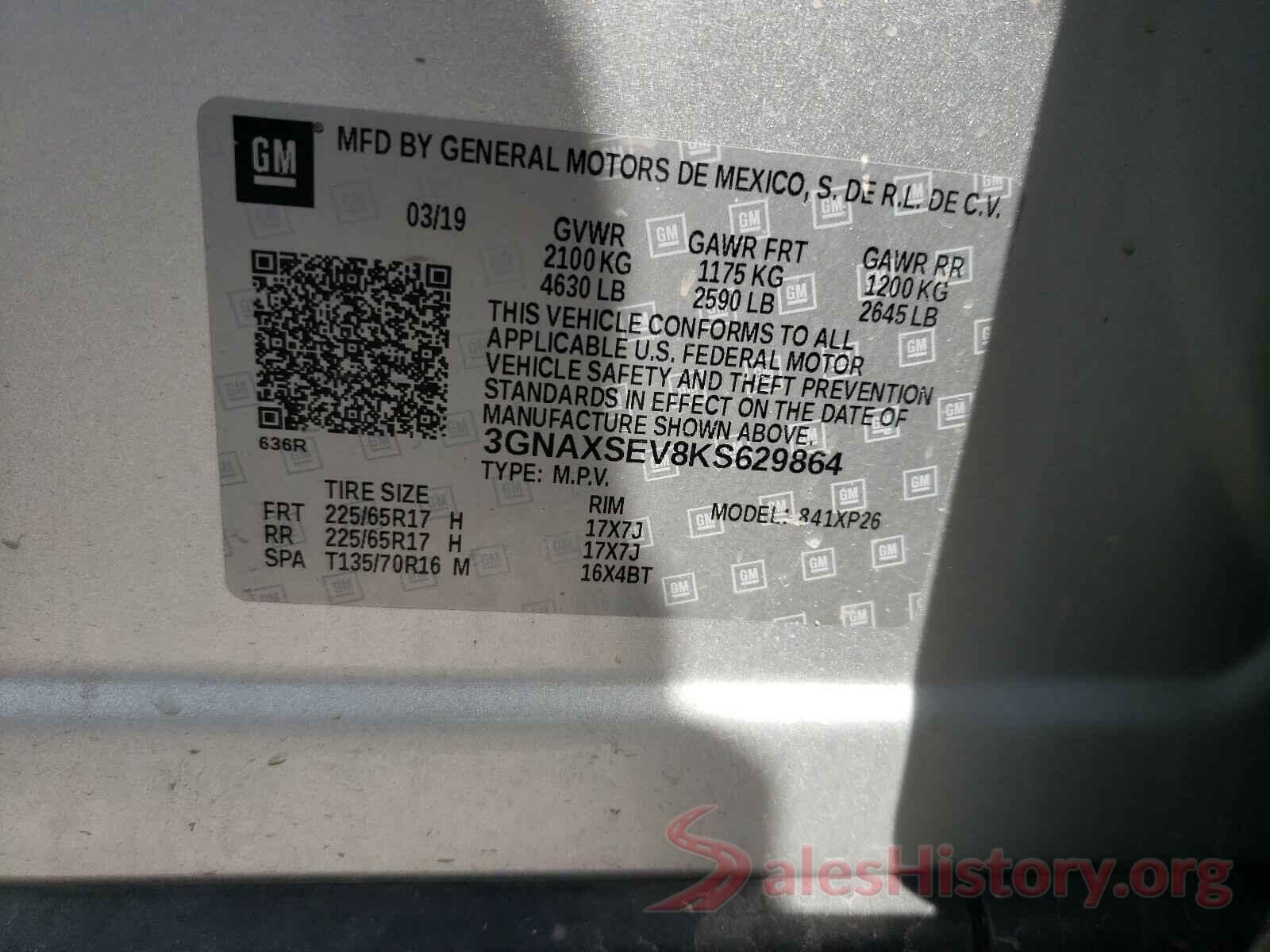 3GNAXSEV8KS629864 2019 CHEVROLET EQUINOX