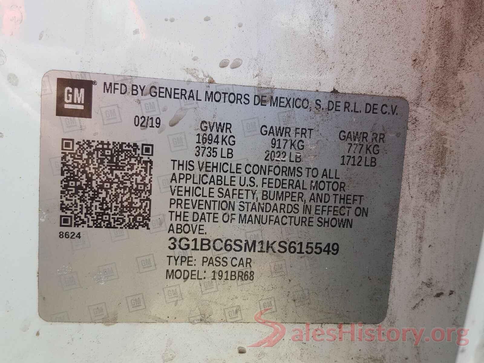 3G1BC6SM1KS615549 2019 CHEVROLET CRUZE