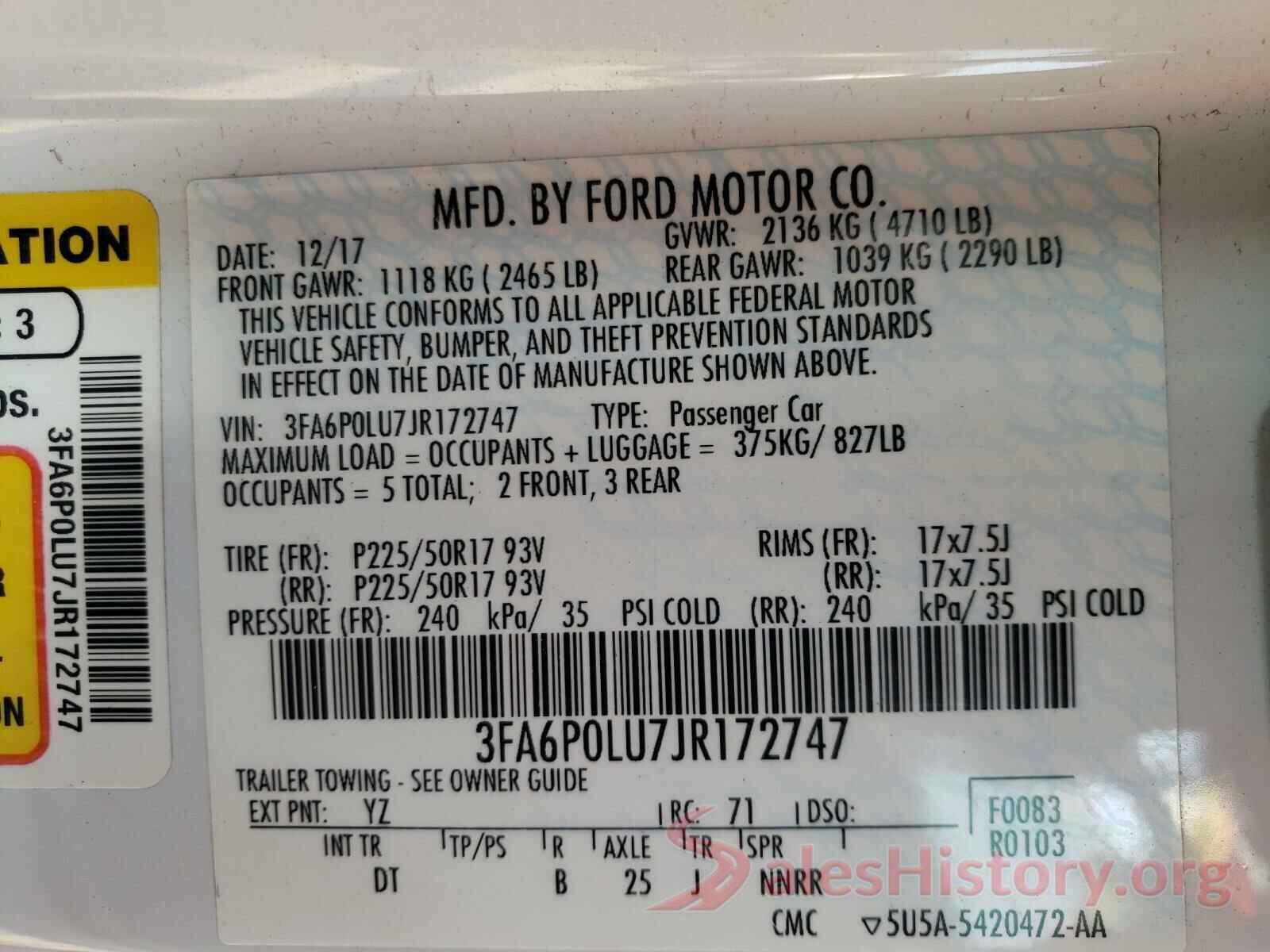 3FA6P0LU7JR172747 2018 FORD FUSION