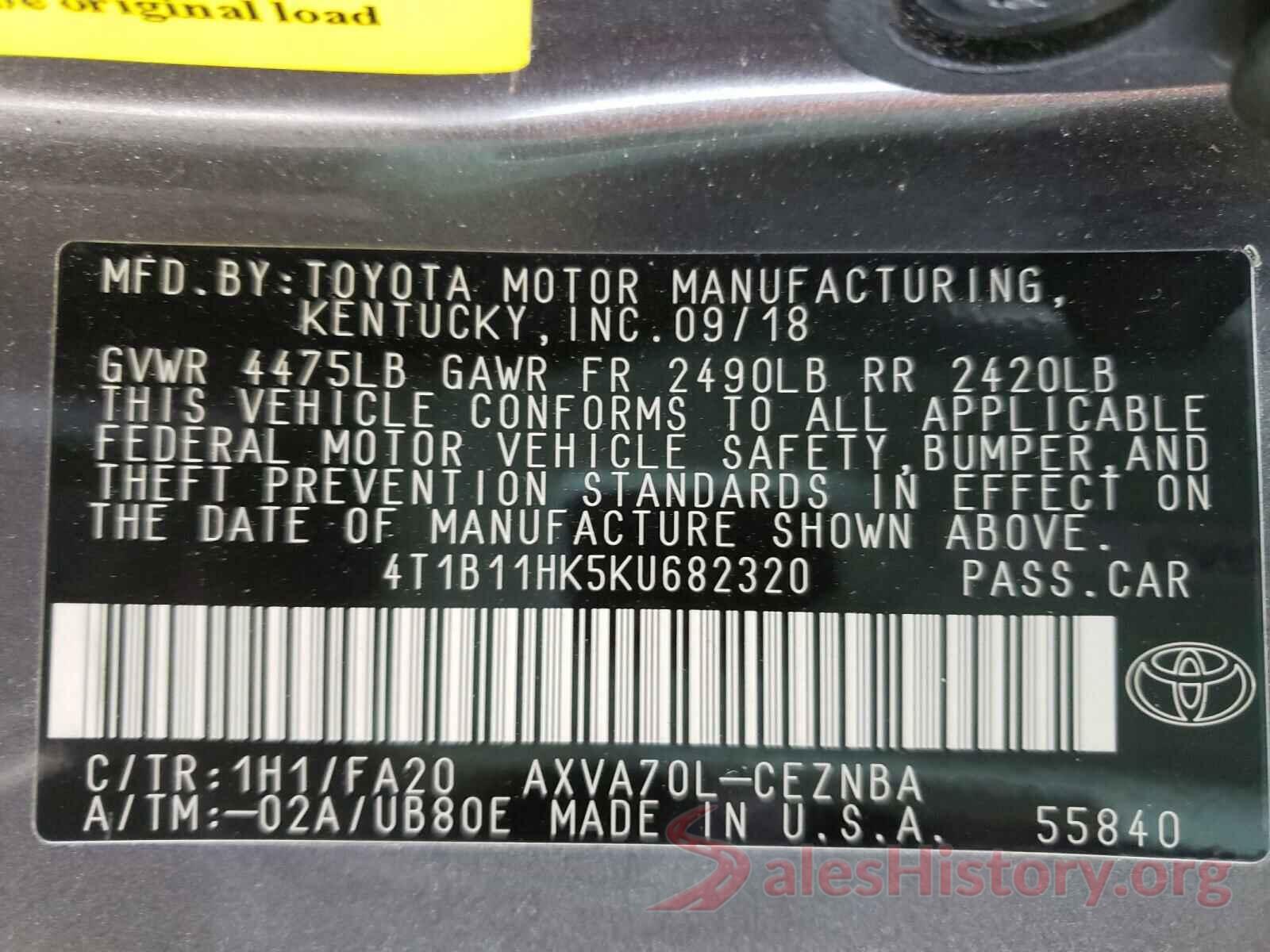 4T1B11HK5KU682320 2019 TOYOTA CAMRY