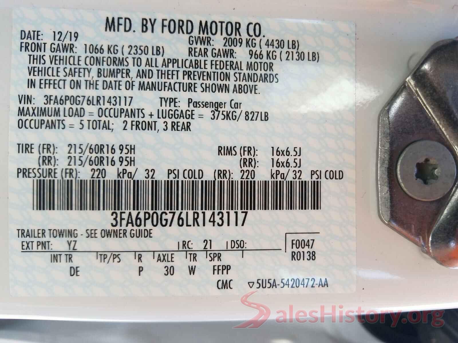 3FA6P0G76LR143117 2020 FORD FUSION