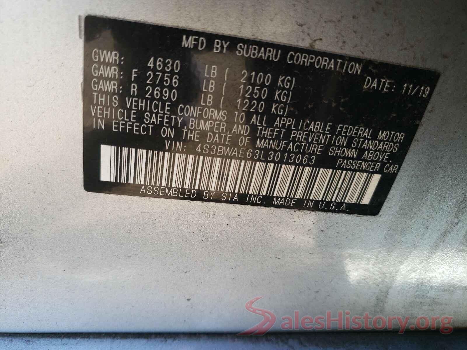 4S3BWAE63L3013063 2020 SUBARU LEGACY