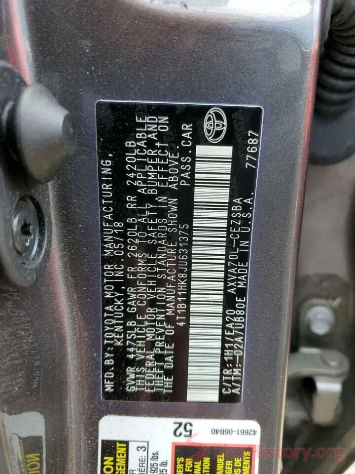 4T1B11HK8JU631375 2018 TOYOTA CAMRY