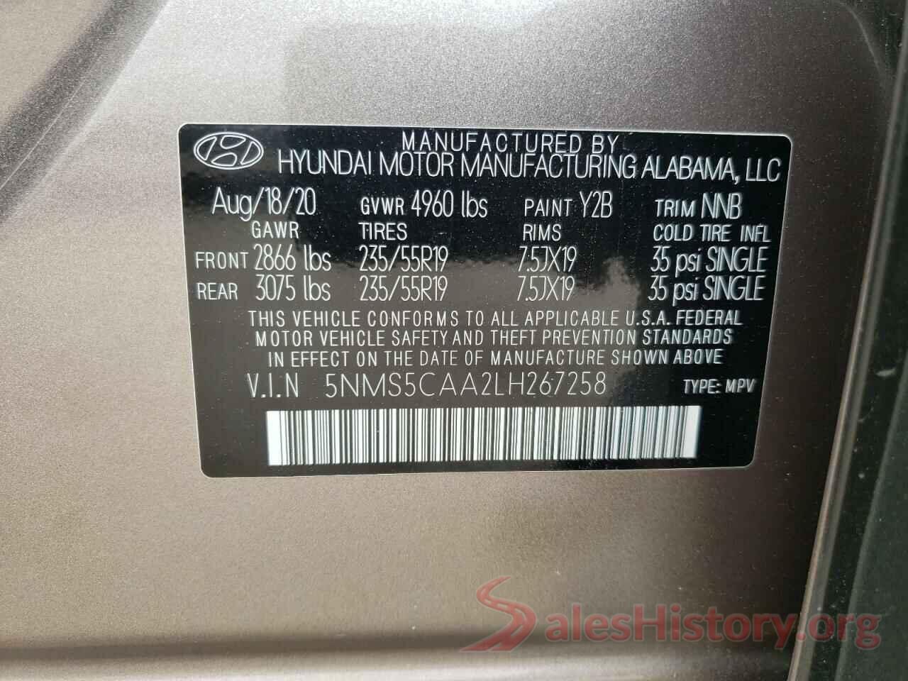 5NMS5CAA2LH267258 2020 HYUNDAI SANTA FE