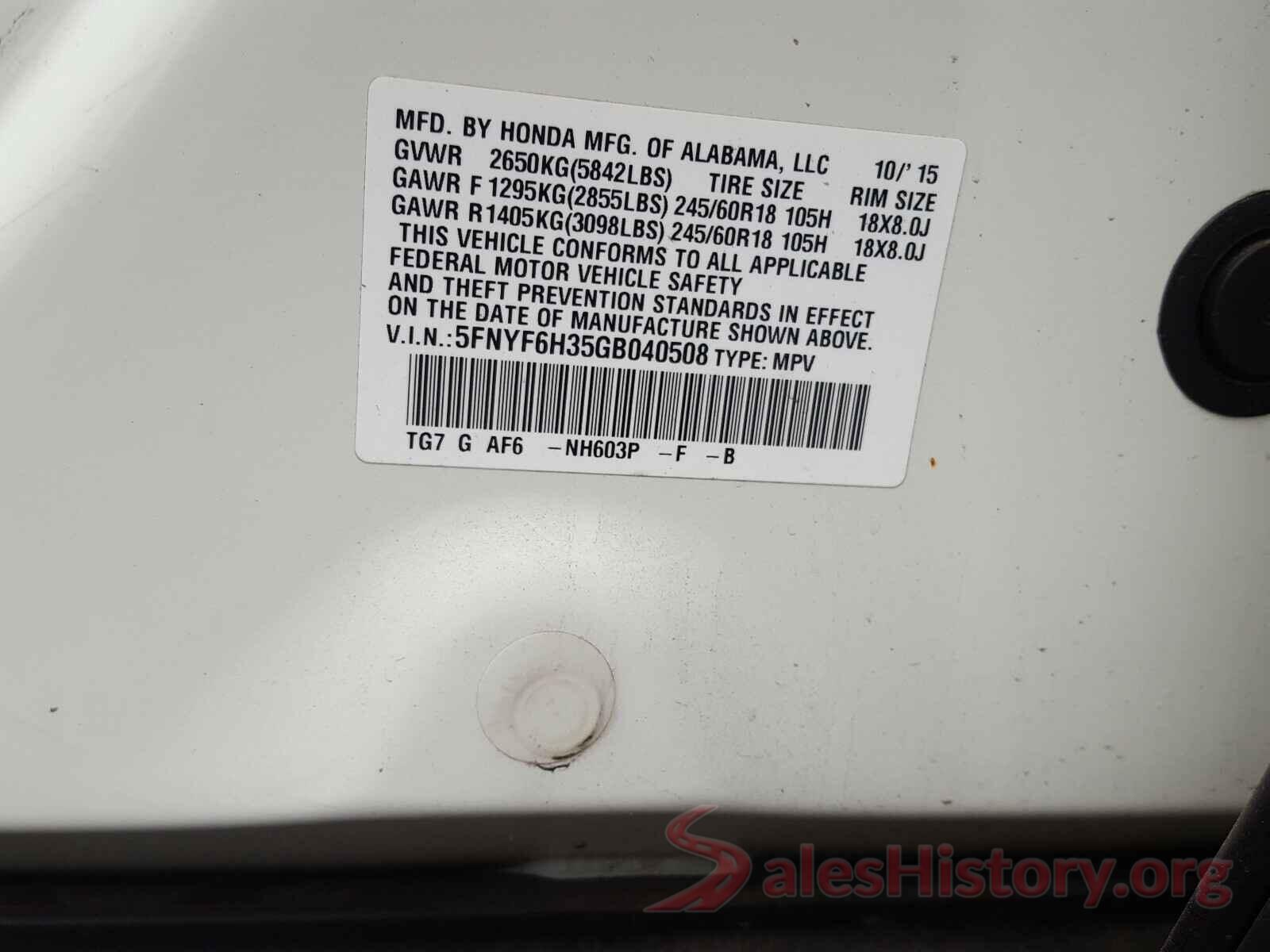 5FNYF6H35GB040508 2016 HONDA PILOT