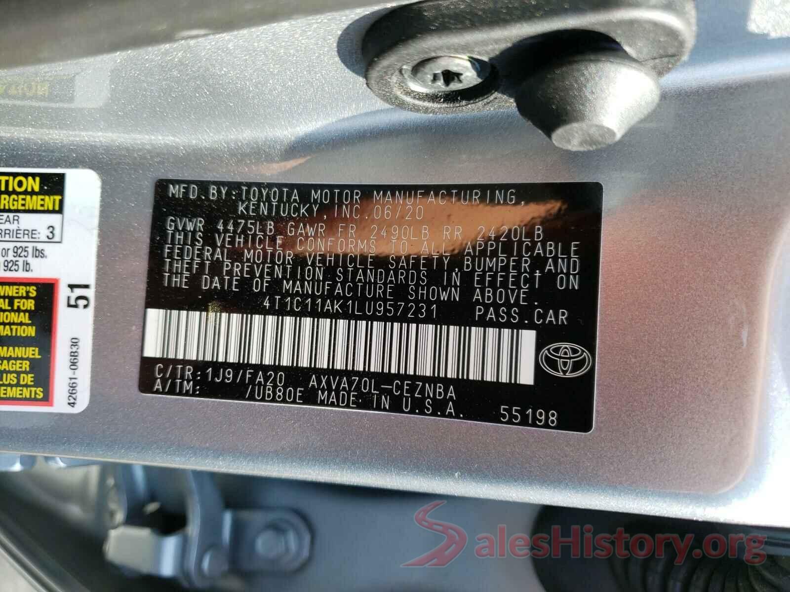 4T1C11AK1LU957231 2020 TOYOTA CAMRY