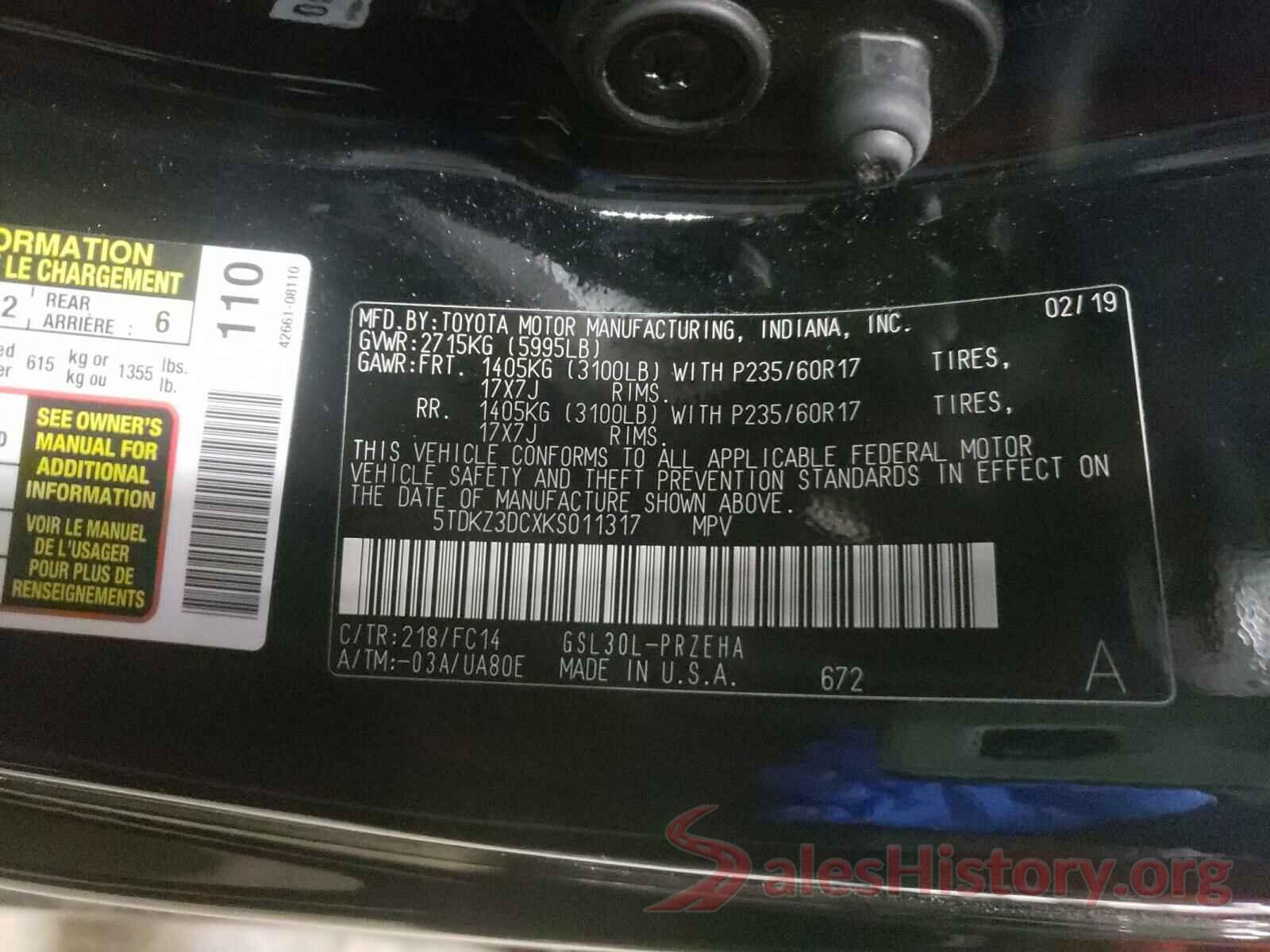 5TDKZ3DCXKS011317 2019 TOYOTA SIENNA