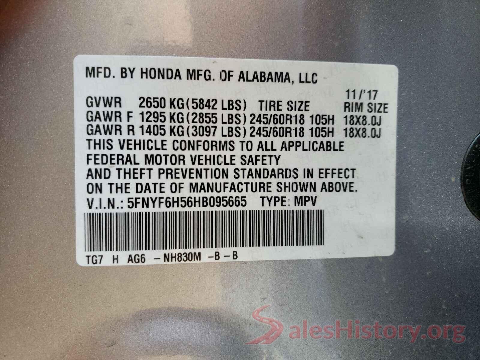 5FNYF6H56HB095665 2017 HONDA PILOT