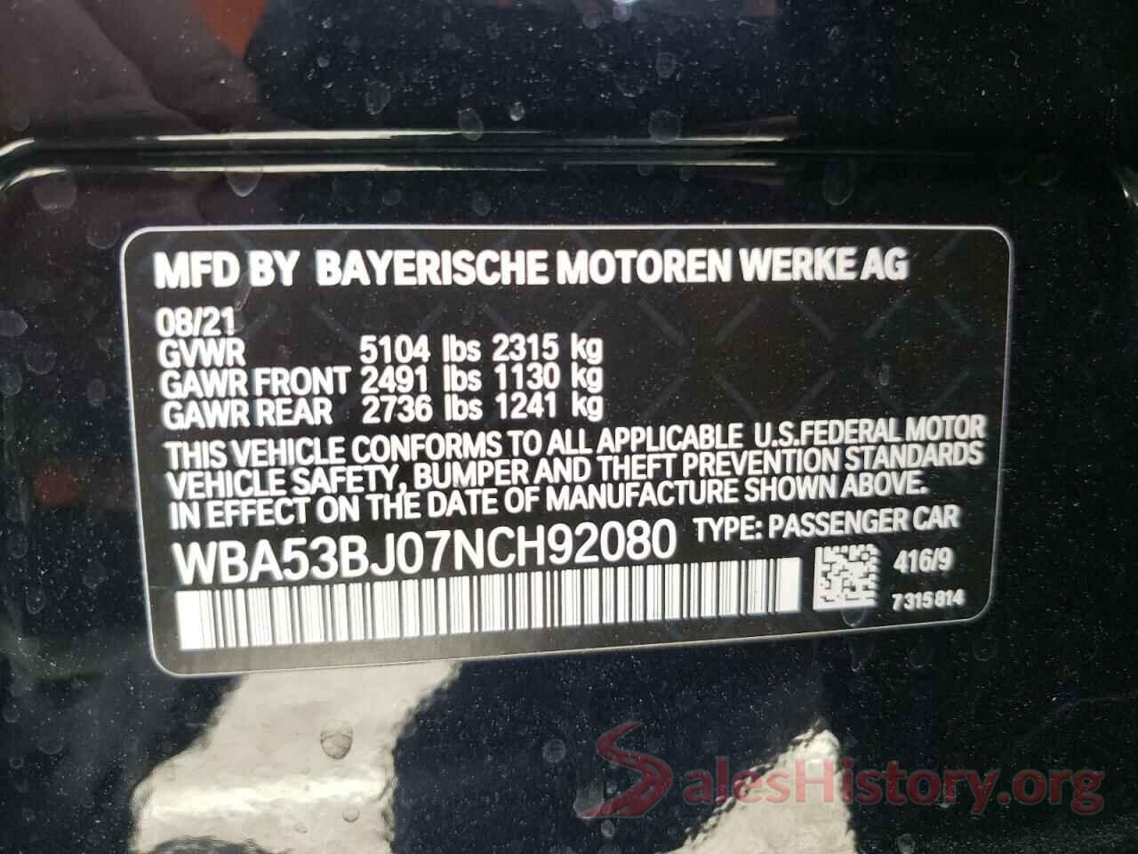 WBA53BJ07NCH92080 2022 BMW 5 SERIES