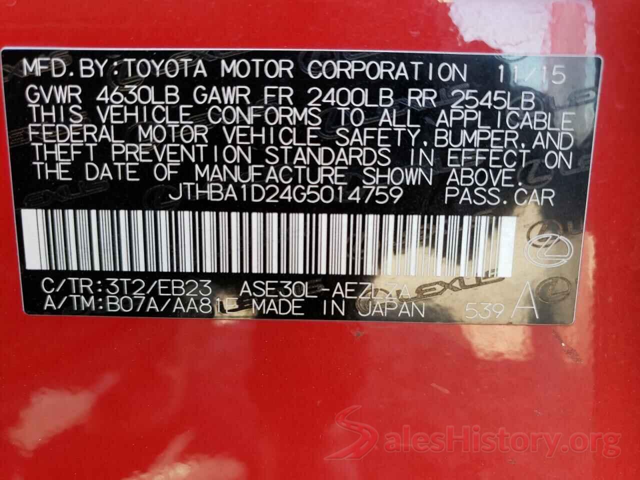 JTHBA1D24G5014759 2016 LEXUS IS