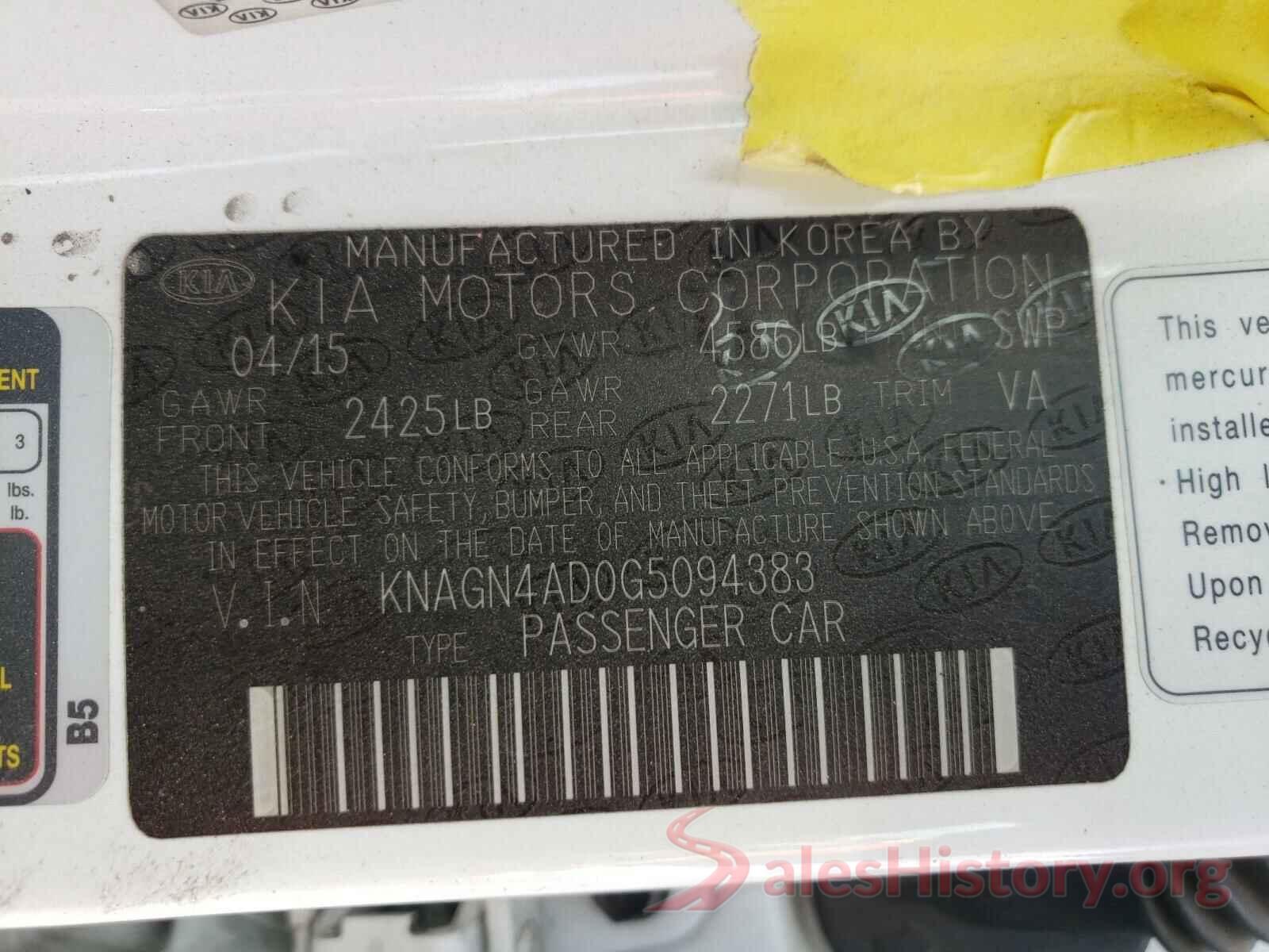 KNAGN4AD0G5094383 2016 KIA OPTIMA