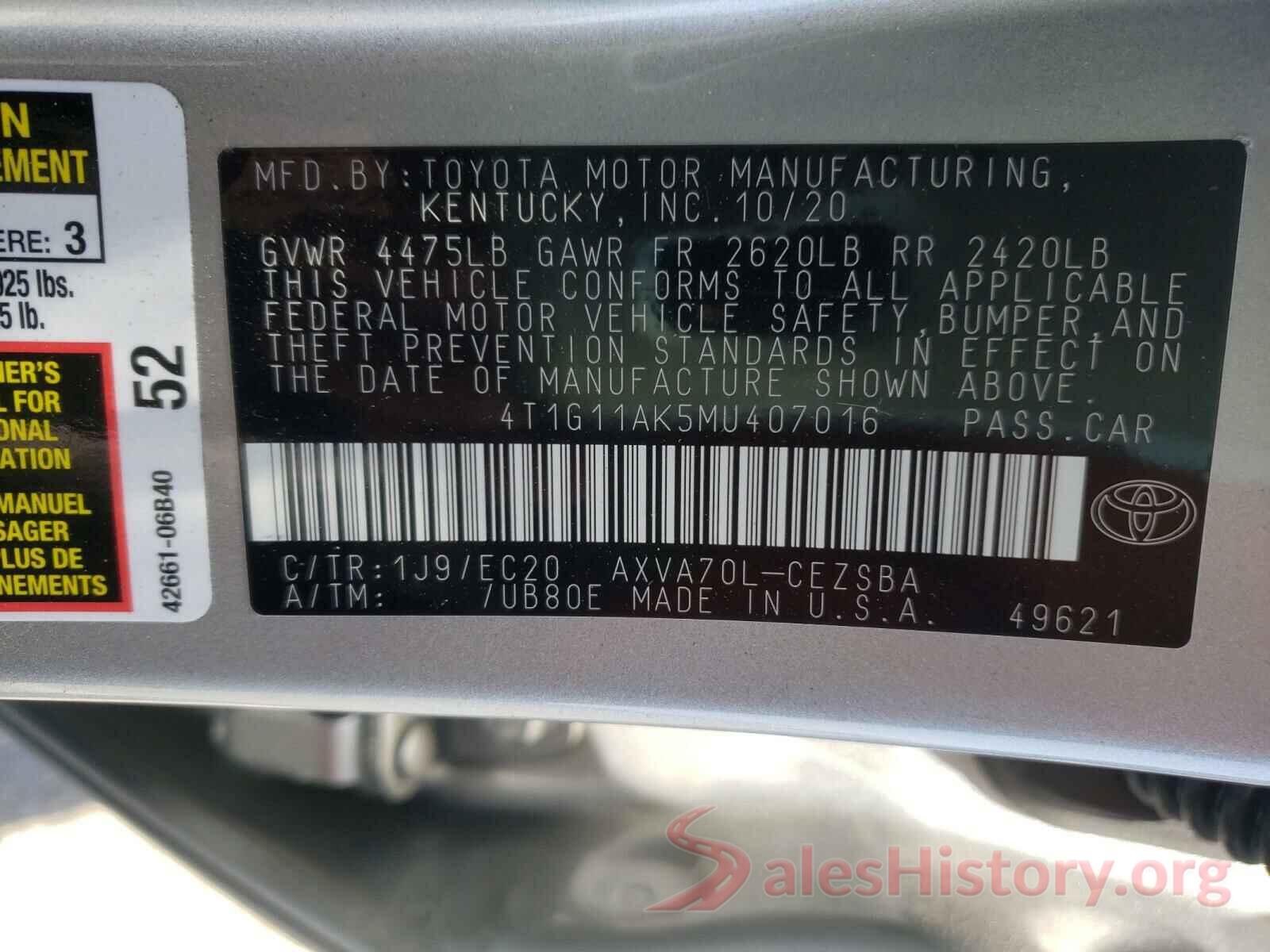 4T1G11AK5MU407016 2021 TOYOTA CAMRY