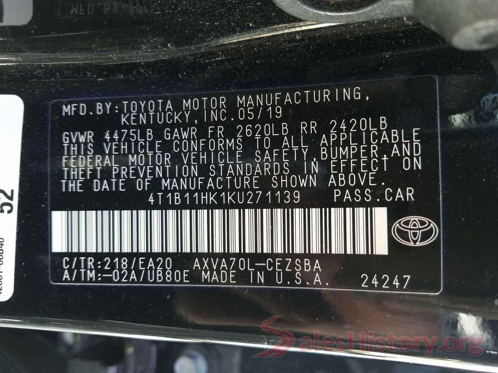 4T1B11HK1KU271139 2019 TOYOTA CAMRY